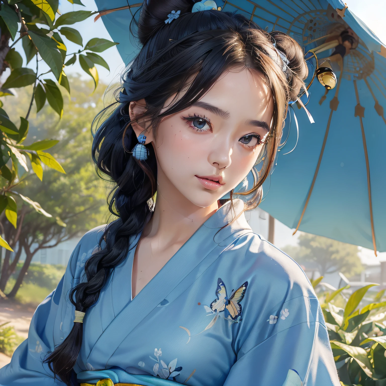 (((Enlarged close-up of the face)))、1girl with, ((masterpiece、top-quality、ultra-definition、hight resolution))、4K picture quality、((Beautuful Women))、22year old、wetted skin、radiant eyes、perfect eyes、(Beautiful Nordic sisters)、the beach,Background crowd、((Curly hair in braids、Bun1))、((facial close-up))、(((Wearing a blue bell sleeve yukata)))、((The pattern of the yukata is、They range from fancy floral patterns to swallowtail butterflies..))、((Use primary colors for yukata colors))、masterpiece、top-quality、ultra-definition、hight resolution))、4K picture quality、(((Enlarged close-up of the face)))、((Wearing a blue bell sleeve yukata))、Click here for the line of sight、