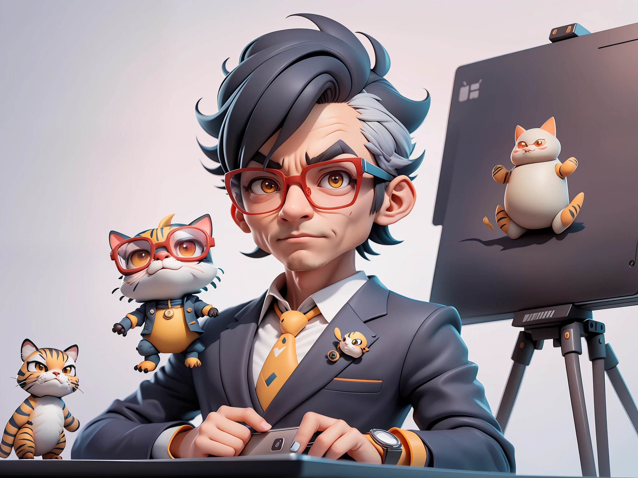 A young man in a suit, Short hair and glasses sat at his desk，holding laptop，digitial painting，tigre，3D character design by Mark Clairen and Pixar and Hayao Miyazaki and Akira Toriyama，4K HD illustration，Very detailed facial features and cartoon-style visuals。