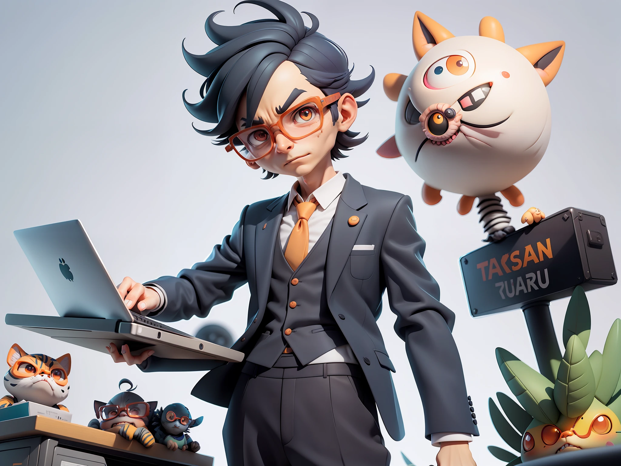 A young man in a suit, Short hair and glasses sat at his desk,holding laptop,digitial painting,tigre,3D character design by Mark Clairen and Pixar and Hayao Miyazaki and Akira Toriyama,4K HD illustration,Very detailed facial features and cartoon-style visuals。