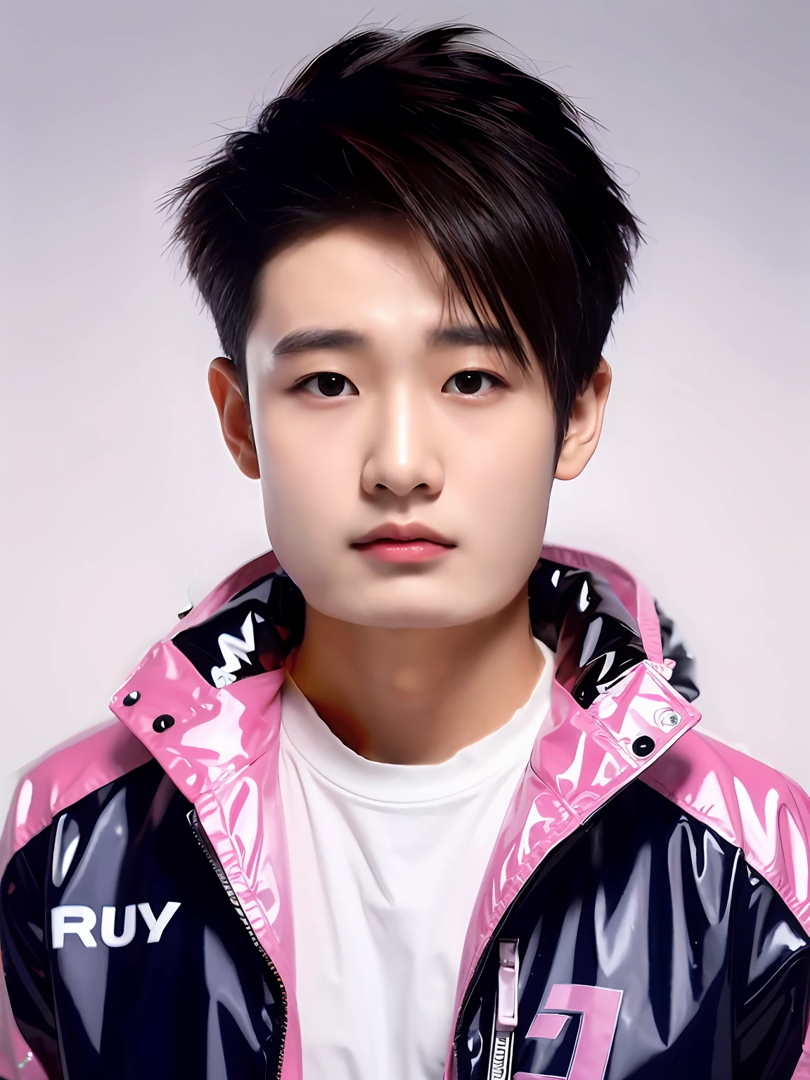 Chinese male high school student,Wearing a PVC light pink storm jacket