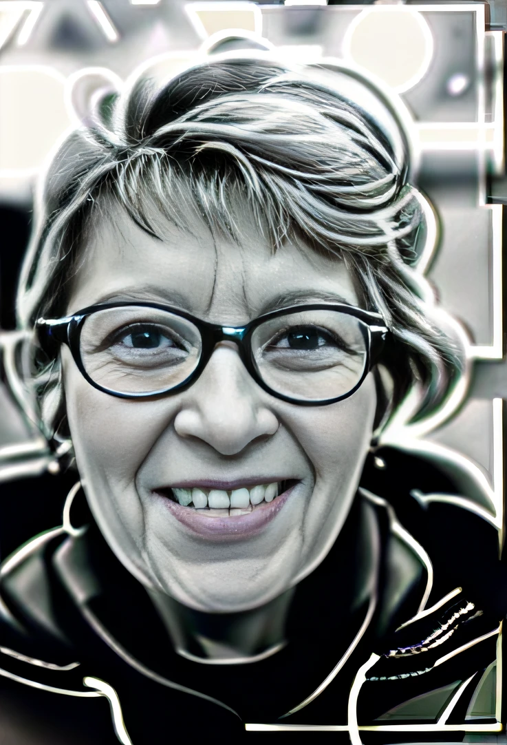 High resolution black and white photo of a smiling woman wearing glasses, retrato de Vera Rubin