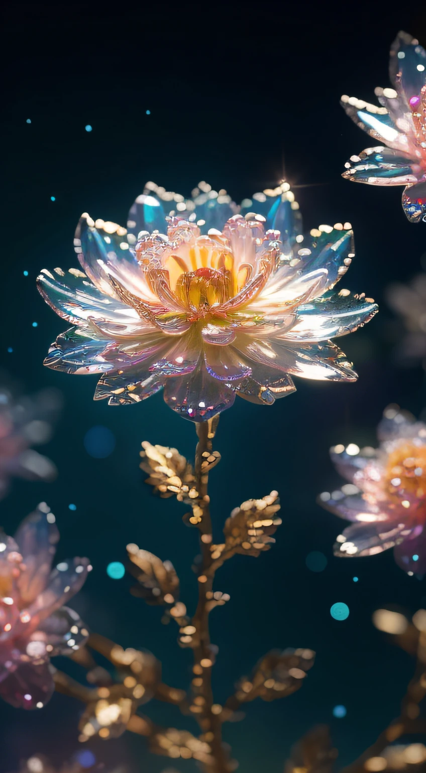 crystal spring blossom,
fantasy, galaxy, transparent, 
shimmering, sparkling, splendid, colorful, 
magical photography, dramatic lighting, photo realism, ultra-detailed, 4k, Depth of field, High-resolution