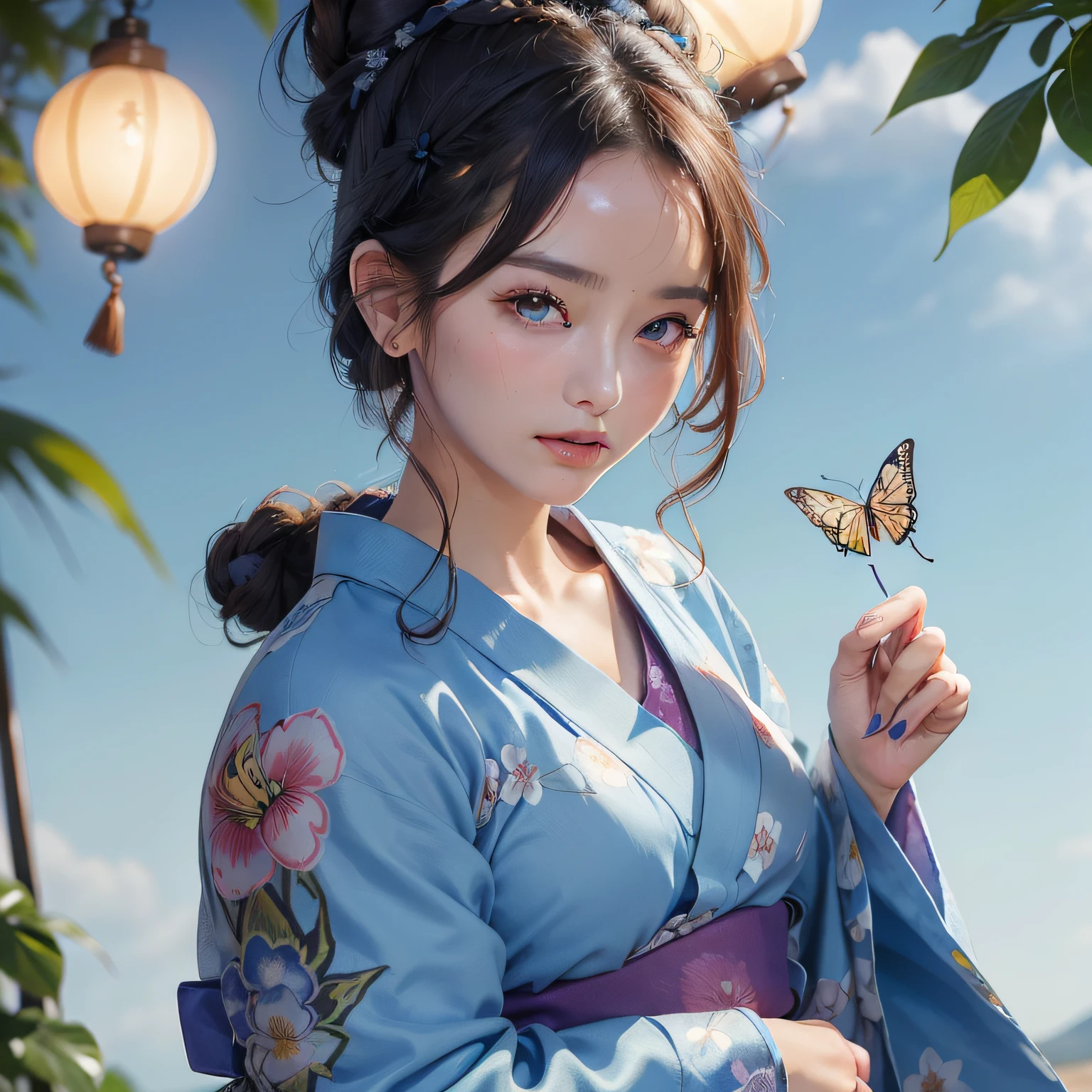 (((Enlarged close-up of the face)))、1girl with, ((masterpiece、top-quality、ultra-definition、hight resolution))、4K picture quality、((Beautuful Women))、22year old、wetted skin、radiant eyes、perfect eyes、(Beautiful Nordic sisters)、the beach,Background crowd、((Curly hair in braids、Bun1))、((facial close-up))、(((Wearing a blue bell sleeve yukata)))、((The pattern of the yukata is、They range from fancy floral patterns to swallowtail butterflies..))、((Use primary colors for yukata colors))、masterpiece、top-quality、ultra-definition、hight resolution))、4K picture quality、(((Enlarged close-up of the face)))、((Wearing a blue bell sleeve yukata))、Click here for the line of sight、