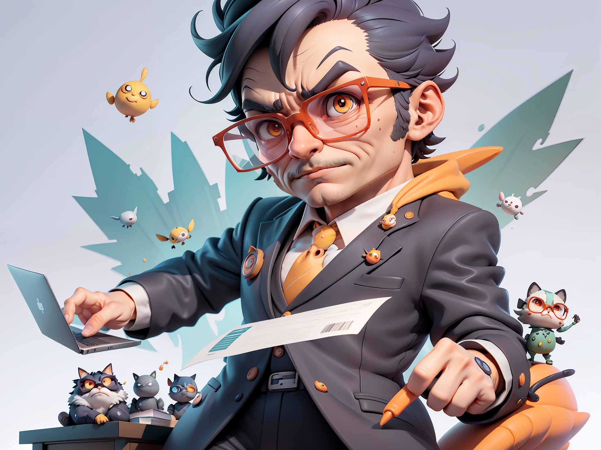 A young man in a suit, Short hair and glasses sat at his desk，holding laptop，digitial painting，tigre，3D character design by Mark Clairen and Pixar and Hayao Miyazaki and Akira Toriyama，4K HD illustration，Very detailed facial features and cartoon-style visuals。