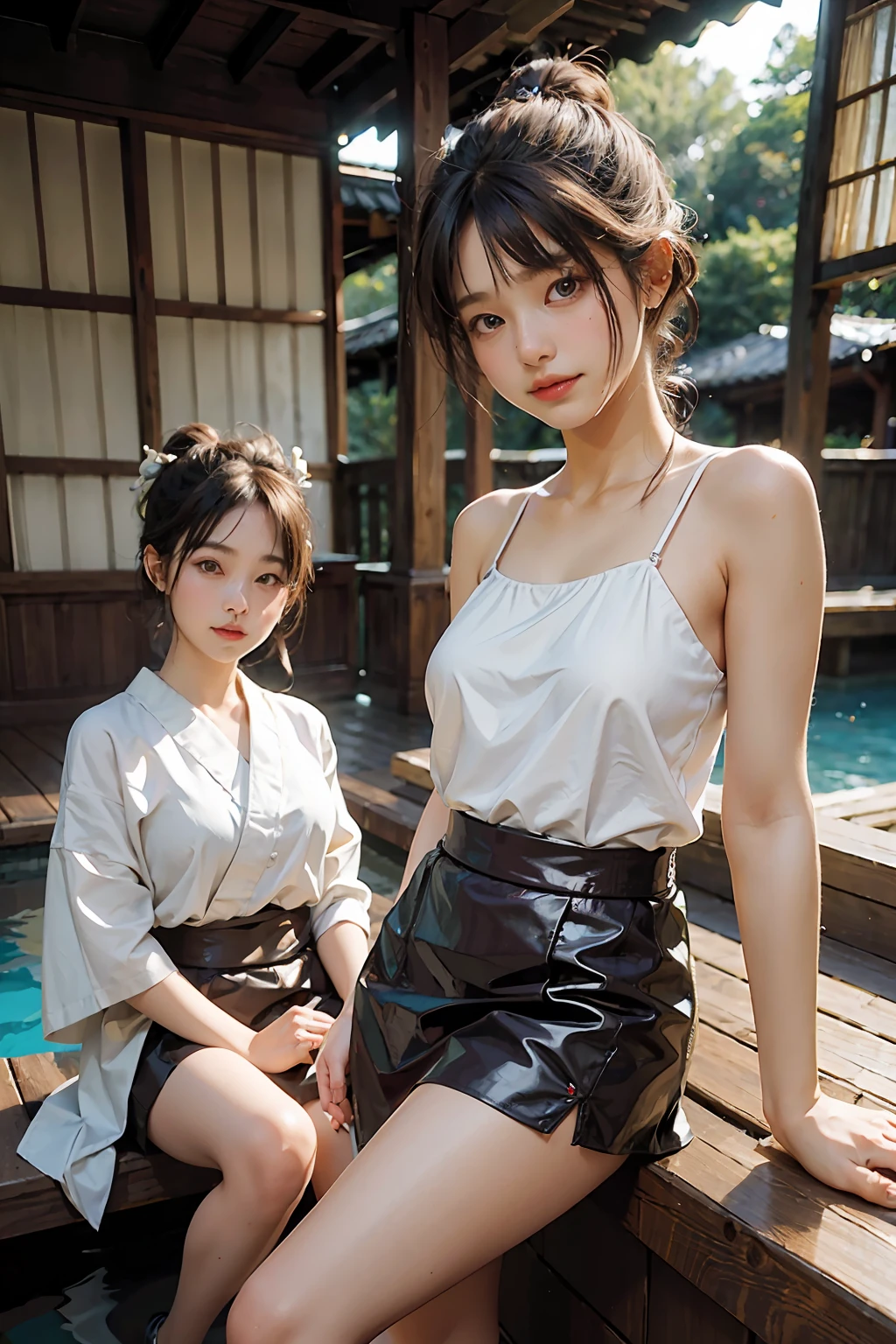 (Masterpiece:1.2),(Photorealsitic:1.5),2girls, duo,Silk,Satin,Skirt,Onsen,