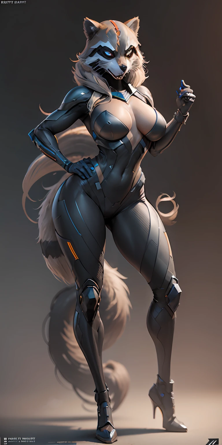 female Rocket Raccoon from Marvel, big breasts, frontal, full-length, looking at the camera, facing the audience, standing pose, simple background, three-dimensional light, detailed full-body concept, sleek digital concept art, beautiful full-body concept art, art trend, CGsociety full-length,