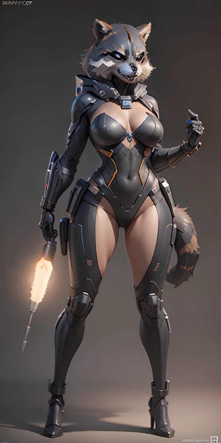 female Rocket Raccoon from Marvel, big breasts, frontal, full-length, looking at the camera, facing the audience, standing pose, simple background, three-dimensional light, detailed full-body concept, sleek digital concept art, beautiful full-body concept art, art trend, CGsociety full-length,