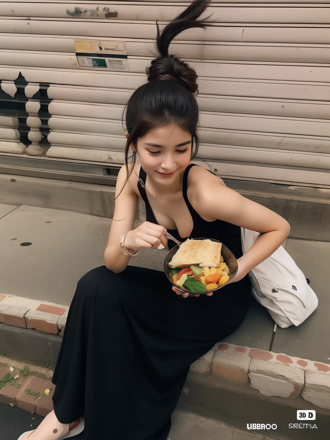 melhor qualidade, obra-prima, 1girl, rosto bonito, (foto realista: 1.3), (pele altamente detalhada: 1.2), 8k uhd, dslr, alta qualidade, alta resolução, 4k, 8k, best aspect ratio, four fingers;, (realista: 1.3), bonito 1girl, segurando uma comida, sitting on the floor