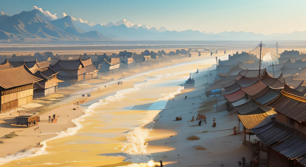 The Yellow River is a large meandering river,Crossing three inches of yellow mud on the scorched sea,Very wide river,Ragged shirt scene,In the distance there are houses of ancient people,Fantastic scenes,Rakshasa Sea Market cover:1.5 --auto