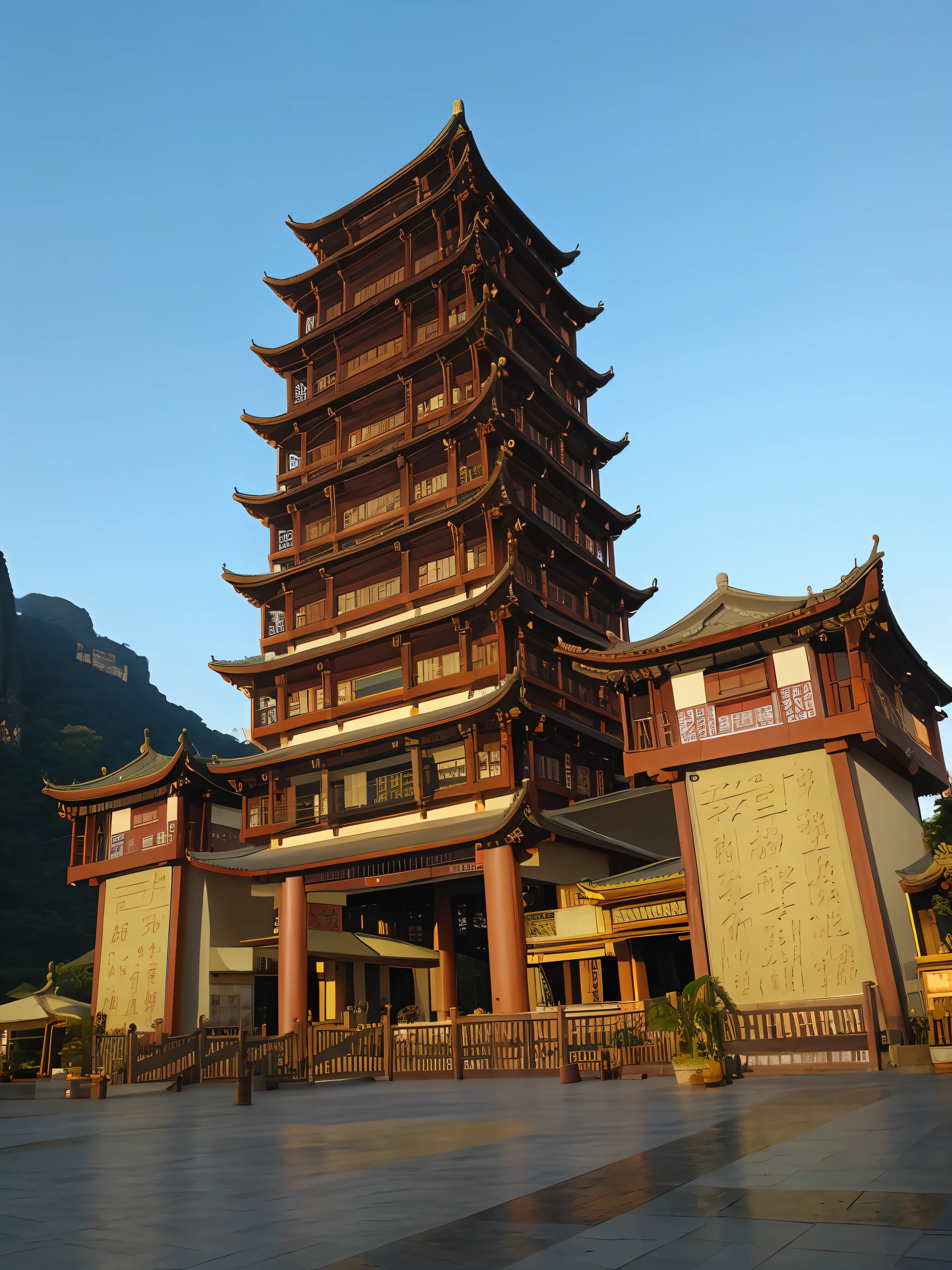 Blue sky Chinese city of Aalfed Pagoda, ancien chinese tower, Ancient Chinese architecture, Chinese style buildings, Chinese architecture, full - view, zhangjiajie in early morning, frontage, guangjian, pagoda, up front view, a wide full shot, up front view, the taoist temples of huangshan, Front view
