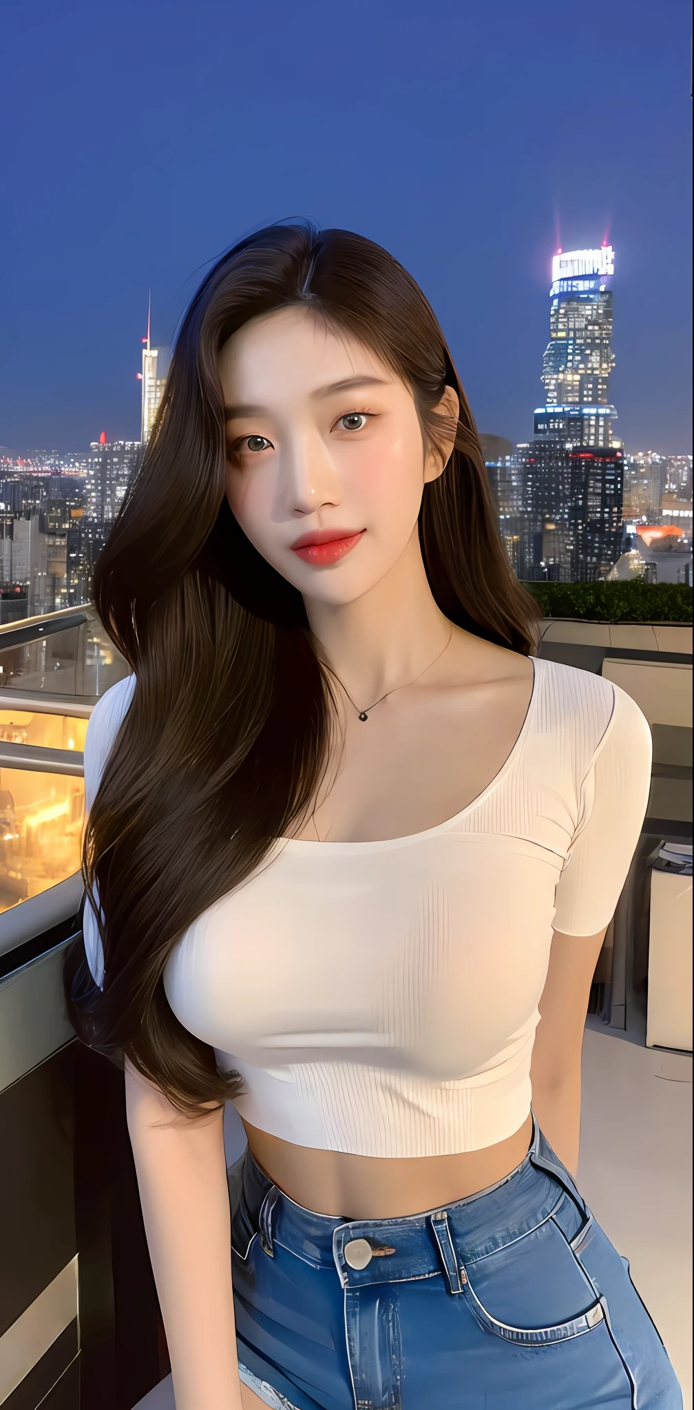 ((Midnight, Best quality, 8k, Masterpiece :1.3)), Whole body, Long legs, Sharp focus :1.2, A pretty woman with perfect figure :1.4, Slender abs :1.1, ((Dark brown hair, Big breasts :1.2)), (White tight tshirt, crop top, Jean shorts, Standing:1.2), ((Night city view, Rooftop:1.3)), Highly detailed face and skin texture, Detailed eyes, Double eyelid, slightly smile, close up