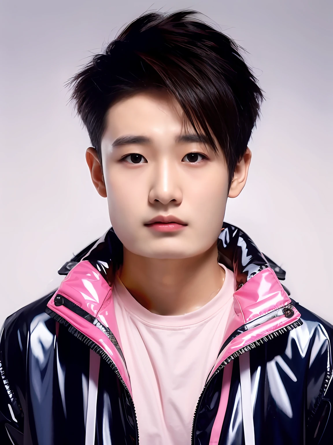 Chinese male high school student,Wearing a PVC light pink storm jacket