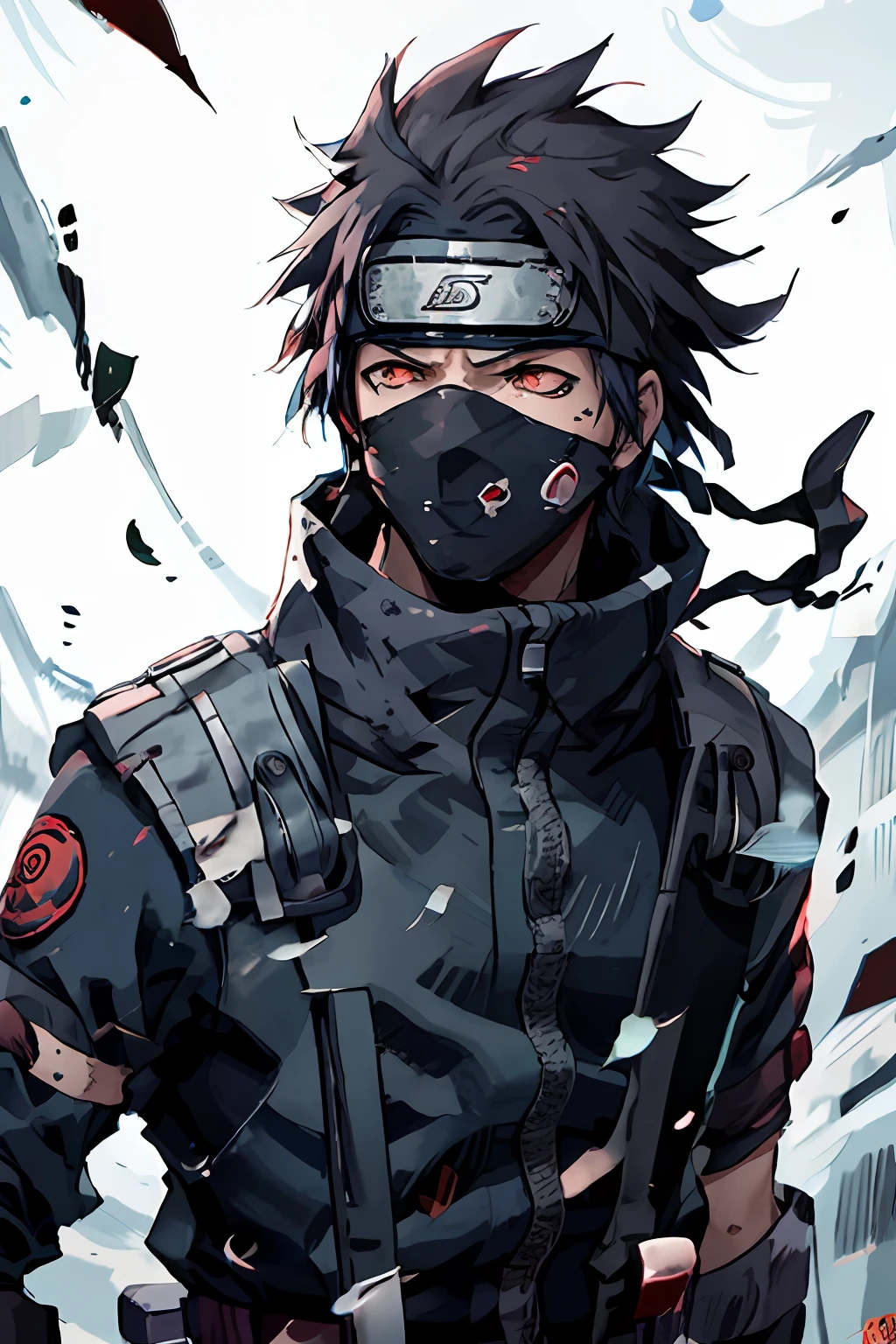 sportrait， neonlight， 1boys， Junior style， disheveled black hair， Scratches on Cheeks， Black and white clothes， jaqueta de couro， denim pant， Boots， Turban with leaf symbol， perfect  eyes， mizore， red eyes， full bodyesbian， Color - name Uchiha ，Red Sharingan，Ninja forehead，The sign of Konoha，The family emblem of the Uchiha clan