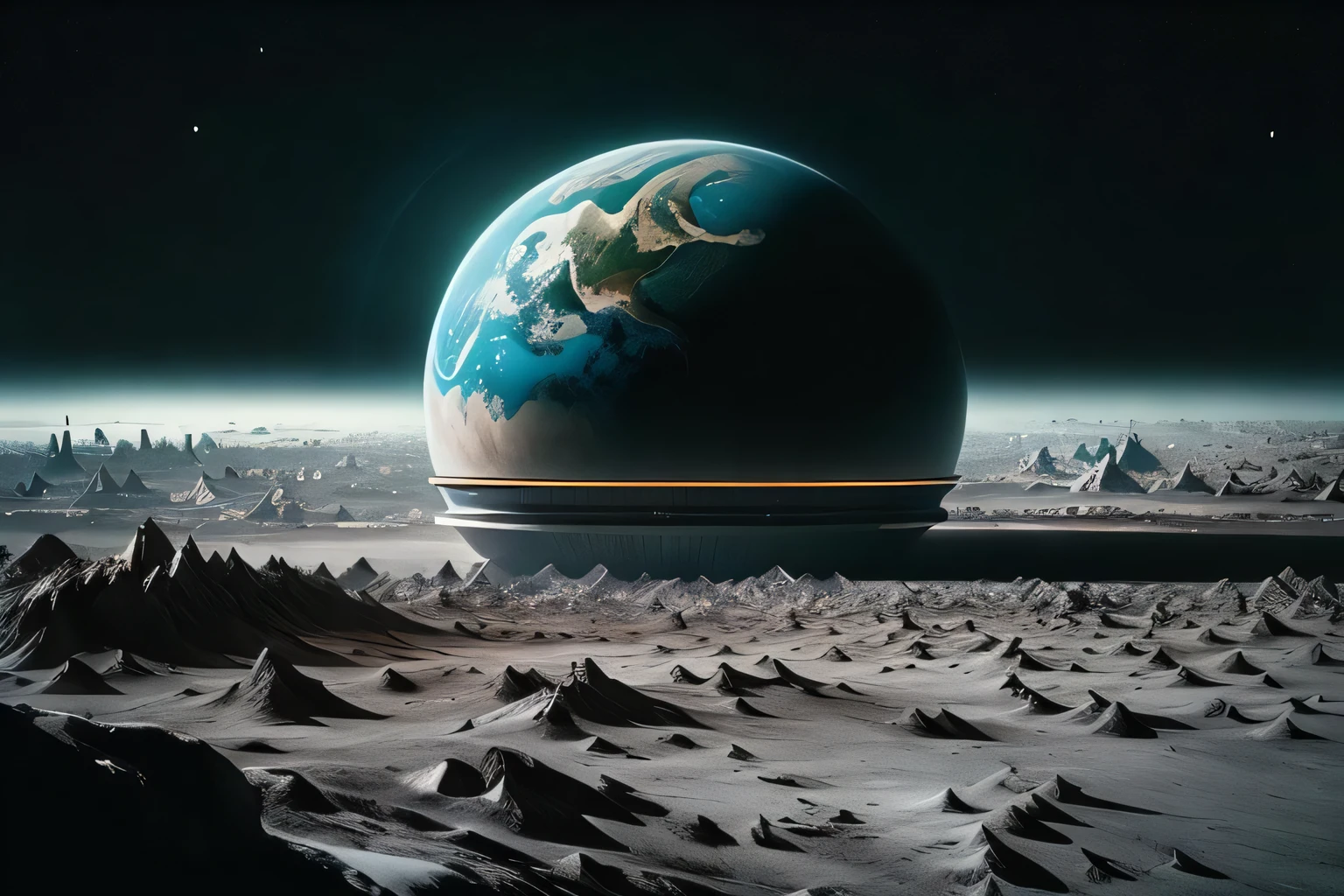 The camera is positioned in space, looking down on a dying Earth. The shot is captured using a high-resolution digital camera with a wide-angle lens, emphasizing the vastness and emptiness of space. The shot is treated with a gritty, high-contrast film look that adds to the stark and bleak atmosphere. The overall effect is inspired by the post-apocalyptic style of sci-fi artist Simon Stlenhag and documentary photographer Sebastio Salgado