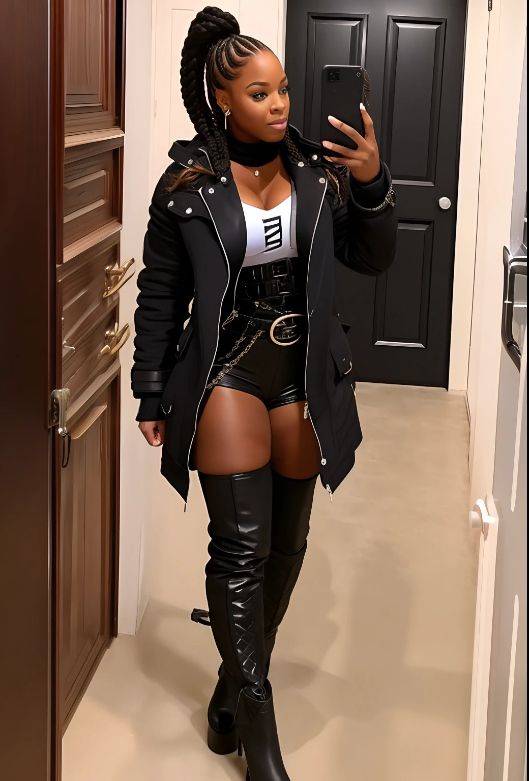 Sexy black woman athletic body big breasts hair with braids naked jacket long boots nsfw