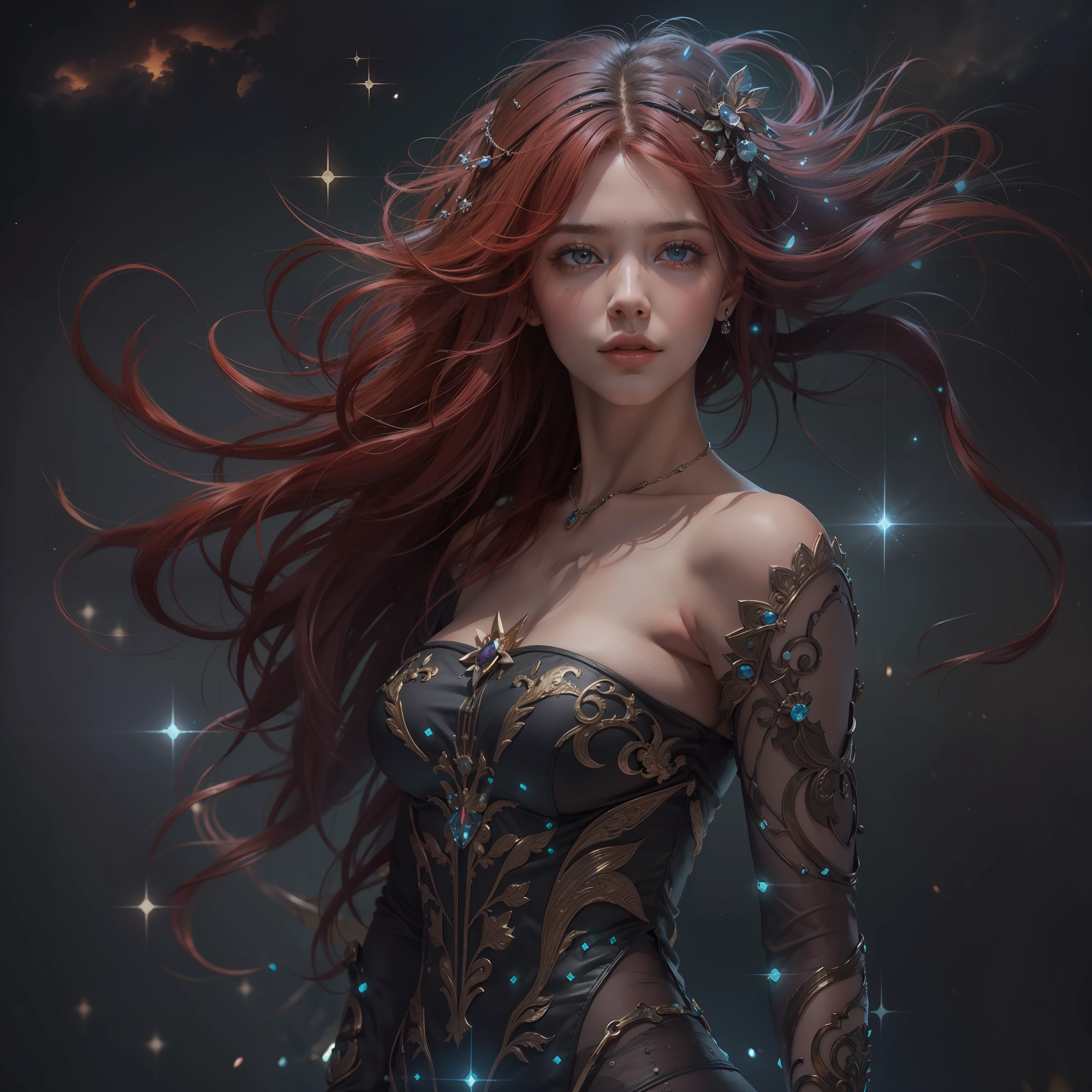"(((obra-prima))), melhor qualidade, ultra-detallhado, High resolution CG image with a beautiful woman with red hair with bright violet eyes like detailed constellations, retratados em detalhes fascinantes. rosto delicado, closed lips and realistic eyes, His delicate body is accurately represented at every angle. Ela possui longos cabelos ruivos que caem suavemente sobre sua armadura negra. The upper part of his body is sculpted to perfection. "