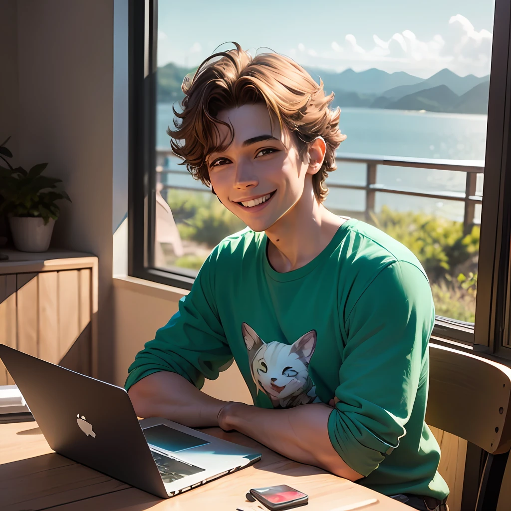 Lindo dia ensolarado, feliz e animado, alegre programador sorrindo ao ar livre, cercado pela natureza, com um laptop, sentado em gramado verde, com fones de ouvido, usando uma camisa xadrez, hair well combed and smiling at the camera with bright eyes. --auto