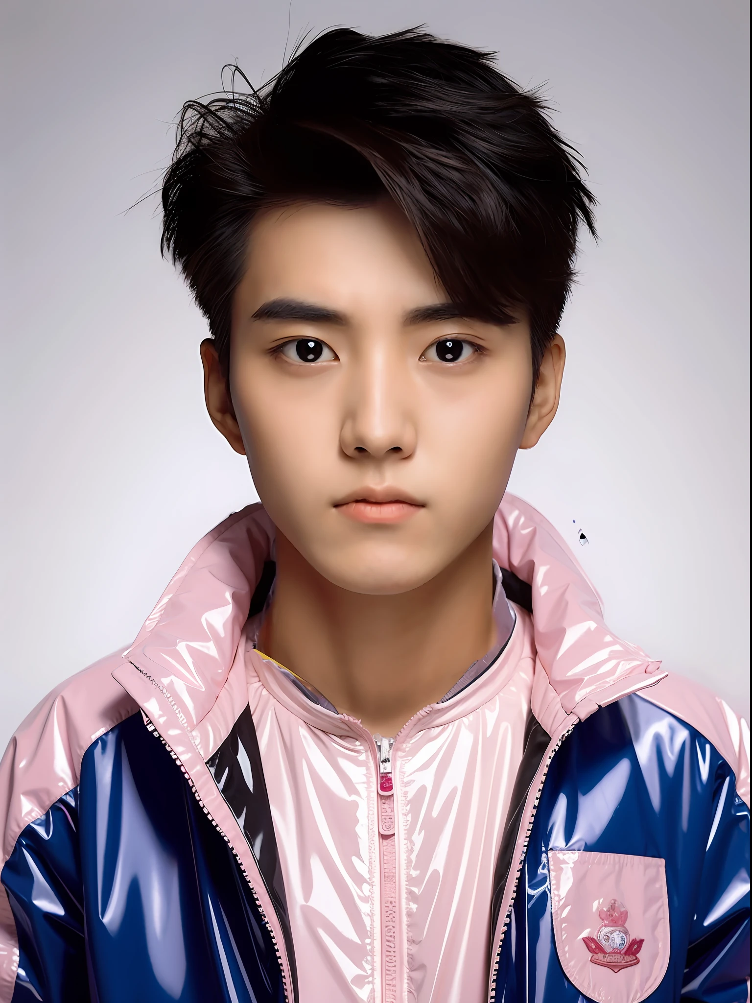 Chinese male high school student，Wearing a PVC light pink storm jacket