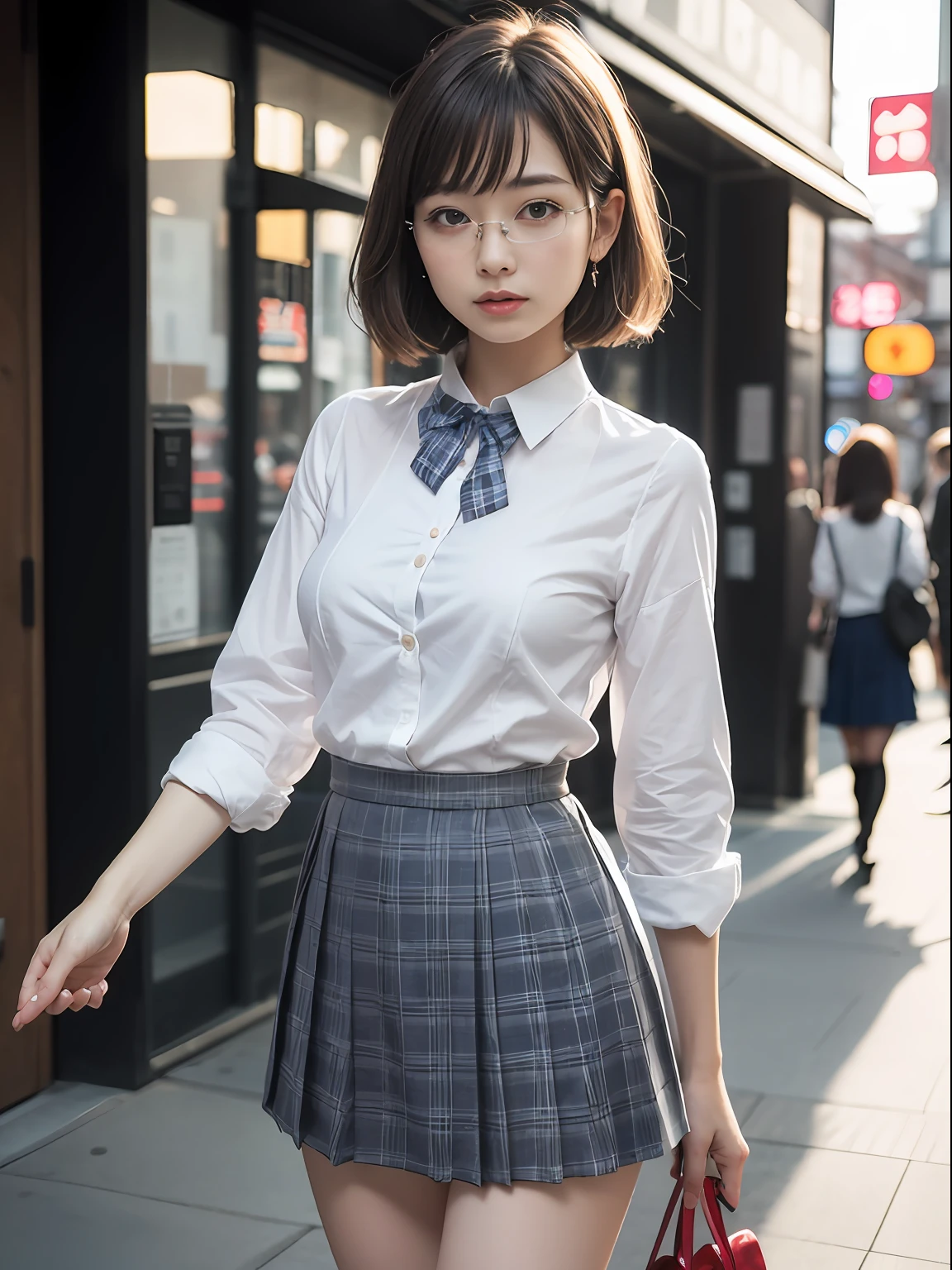 (8K、Raw photography、top-quality、masterpiece:1.2),absurderes,a small face,small tits,flat breast,Parting the bangs from the middle、Forehead visible,(Tight eyes,Bullish,skinny,Rasping,irate)、masterpiece,top-quality、超A high resolution,Raw photo,ren,Beautiful fece,One Person, 独奏,eye glass,,Dark look,Small breasts,fullllbody,Round glasses、cute little、A Japanese Lady,is standing,(Tight eyes,Bullish,skinny,Rasping,irate,small tits,flat breast)、(Photorealsitic:1.37)、Photon mapping,Light blue ribbon,Realistic、Cute little face,Brown-eyed、Black socks、(Red bow tie)、Radio City、Physically Based Rendering、Foreground、depth of fields、Blurry background、a picture,The girls、Body, Long legs, Thin leg,Semi-bob cut,(Bangs are visible), hair, s lips, Blue_The eye, nosesoft,White shirt, Navy blue and white plaid pleated skirt, Knees are visible,Sheer clothing,, Thigh, Black cotton socks,Nogizaka Idol, 女優, Japanese ido