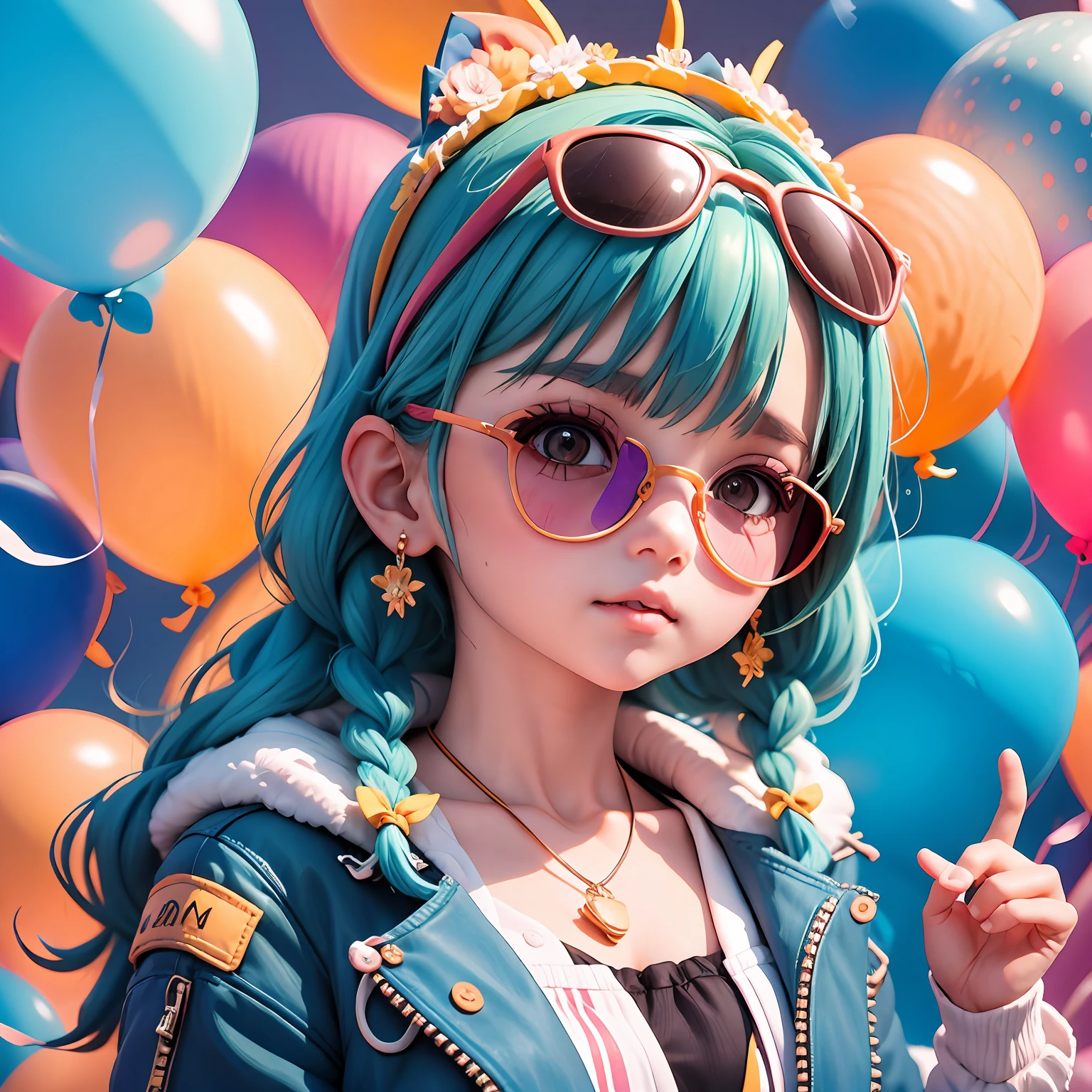 **** ******, bonita e fofa, wearing blue sunglasses, jaqueta amarela, moletom branco, lots of colorful balloons, babyface, estilo chibi, cabelo vermelho e azul de duas cores, braided hair ponytail, olhos de detalhe perfeito, rosto delicado, CG perfeito, qualidade de imagem HD, Colorful balloons, heaven, --auto --s2