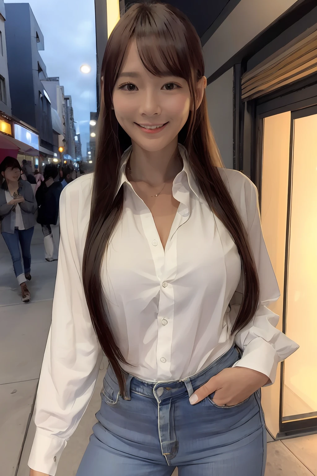 lisa, 1girl, highres, absurdres, realistic, solo, long hair, looking at viewer, skinny, modeling, sexy, street, city lights, night, smile, jeans, collared shirt, shirt lift