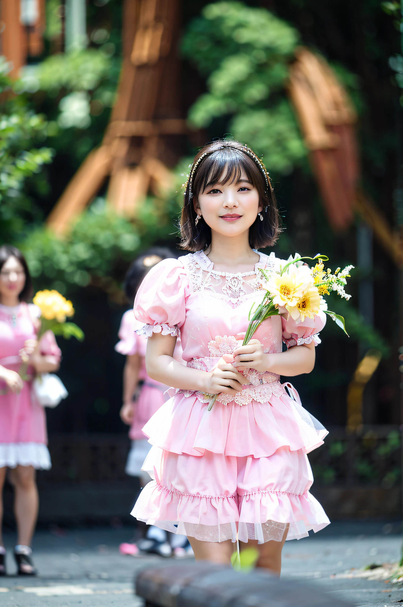 a woman posing on the street corner with light blue dress on, best quality, 1girl, large breasts, day, bright, blur background, bokeh, outdoor, (street:0.8), (people, crowds:1), (lace-trimmed dress:1.5, sleeveless dress, light blue clothes, light blue high-neck dress:1.2, blue dress: 1.5), gorgeous, (short hair, forehead:1.2), beautiful detailed sky, earrings, (dynamic pose:1.2), (upper body:0.8), soft lighting, wind, shiny skin, smile,