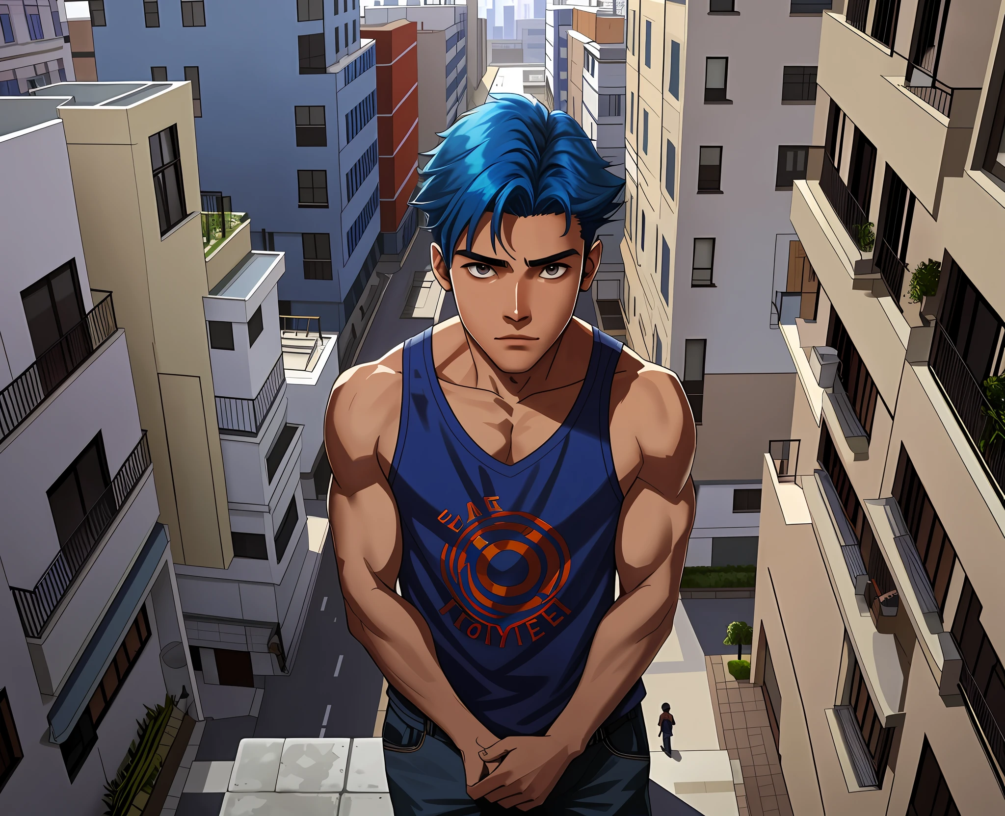 A 15-year-old boy with blue hair stands on the fifth floor on the roof of the high school looking at a city in the distance...........From above he looks at a city with his back to the viewer 15-year-old man has no shirt has a naked torso his hair is straight long Latin skin copper mestizo face, tiene traje tribal africano esta en el tejado de la secundaria mirando una cercana ciudad mira con miedo pensativo, (tercer plano cuerpo completo