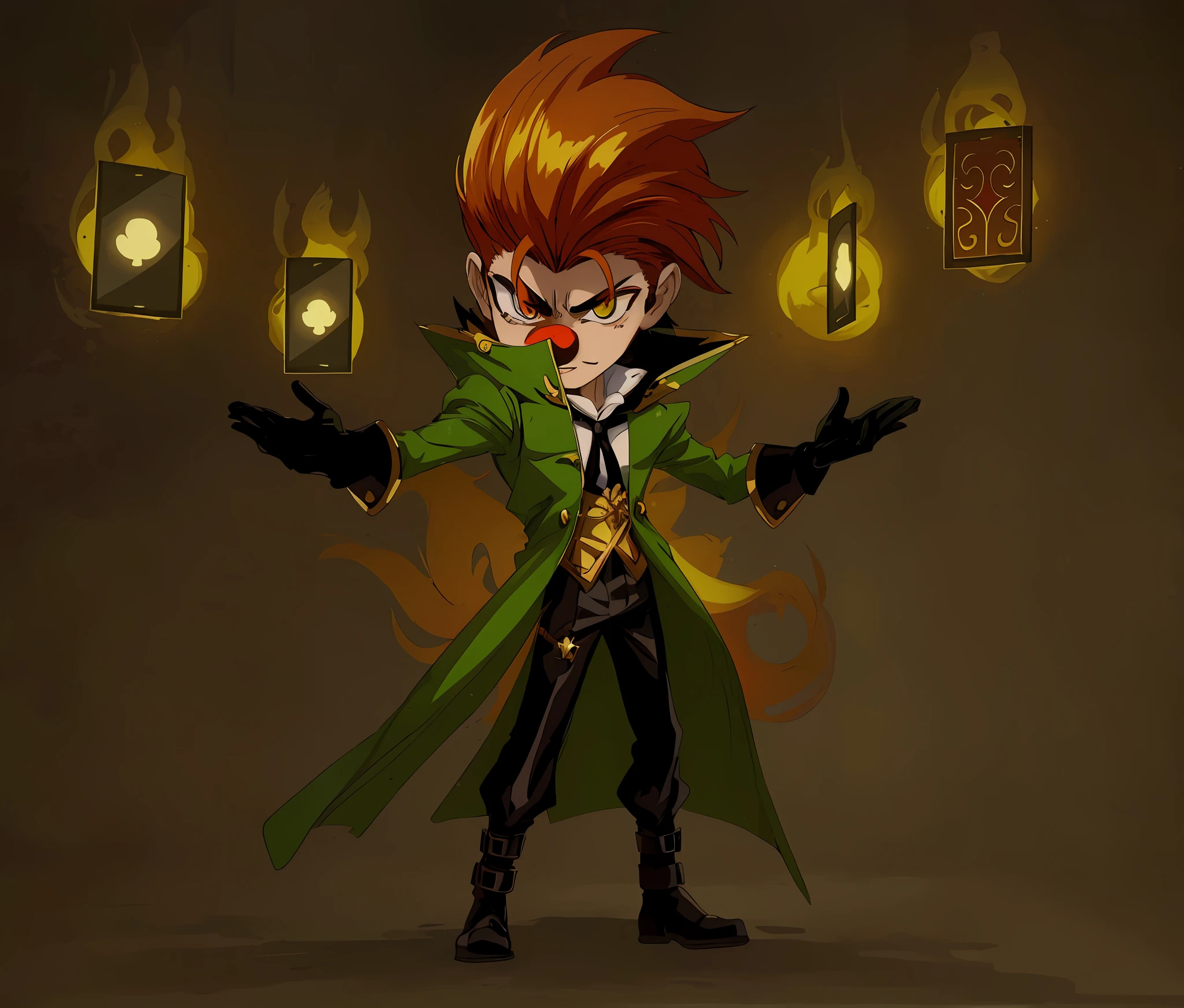 (Anime) . Close-up of a cartoon character with a green coat and red nose, Conception du personnage Demon Noble, Advanced Digital Chibi Art, Art des personnages de Maple Story, Evil male wizard, Chibi, Lancer un sort de feu, Dapper Dream Demon, Pose of the villain, inspired by Luigi Kasimir, Partie Brando, Style League of Legends, evil wizard, cast an evil spell . (Masterpiece: 1.8), 64k quality, final fantasy artwork concept, detailed manga eyes, detailed hair, detailed clothes, detailed body, sharper drawings, pronounced detailed face, shiny objects like jewelry, see the creases on the clothes, more rounded eyes, globular transparent liquid eyes, more colors, more consistent clothes , correct clothing features, better eye line, better shoulders, really colorful, coarser line, black line, finishing. (drowing (anime (manga (comics)))) (coarser stroke: 1.8) (black stroke: 1.8) (color: 1.8) (clean: 1.8) (color contrast: 1.8) (black outline: 1.8) (adjusted color contrast: 1.8) (shadow play: 1.8) (manga eyes: 1.8) (muscle: 1.5 ) (rendering homogeneous: 1.3)