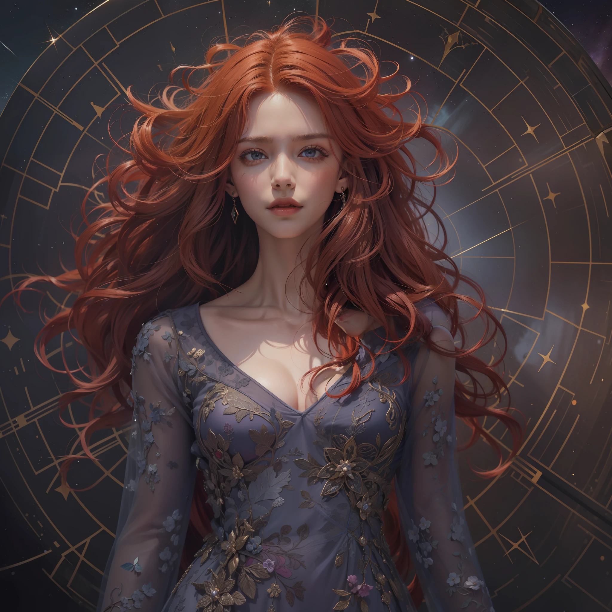 "(((obra-prima))), melhor qualidade, ultra-detallhado, High resolution CG image with a beautiful woman with red hair with bright violet eyes like detailed constellations, retratados em detalhes fascinantes. His delicate body is accurately represented at every angle. Ela possui longos cabelos ruivos que caem suavemente sobre seu vestido da era vitoriana. The upper part of his body is sculpted to perfection. "
