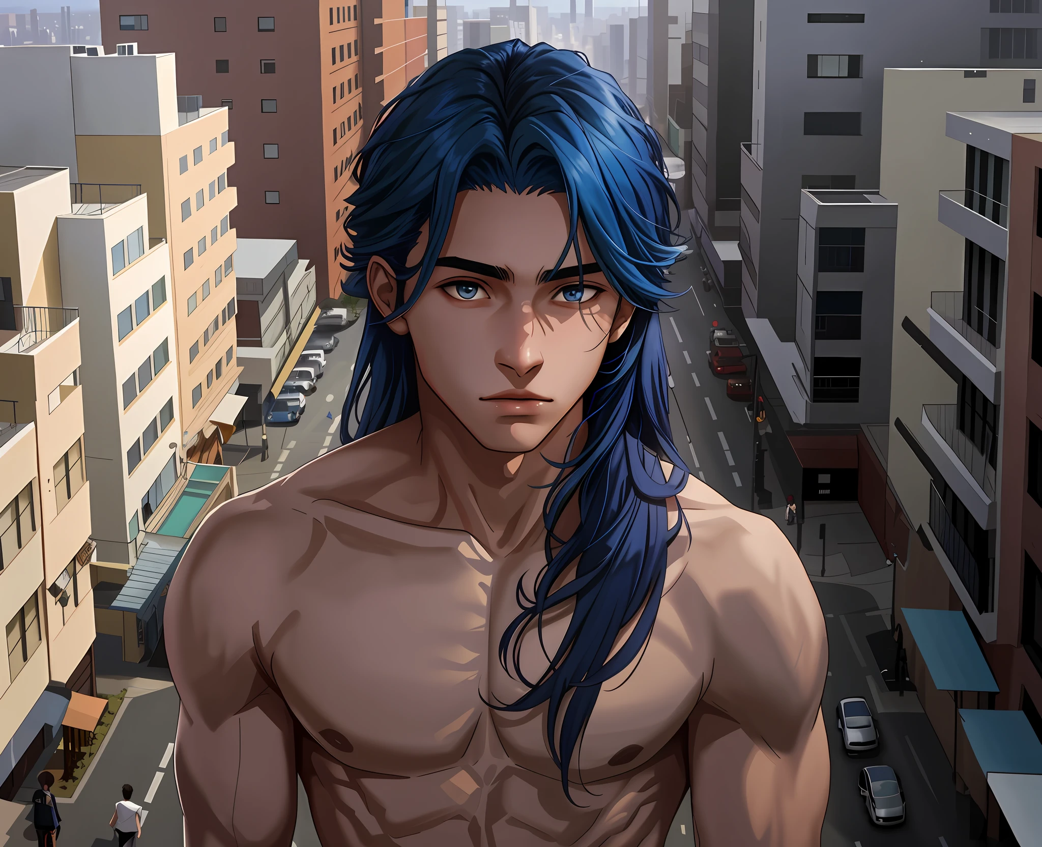 A 15-year-old boy with blue hair stands on the fifth floor on the roof of the high school looking at a city in the distance............From above he looks at a city with his back to the viewer 15-year-old man has no shirt has a naked torso his hair is straight long Latin skin copper mestizo face, tiene traje tribal africano esta en el tejado de la secundaria mirando una cercana ciudad mira con miedo pensativo, (tercer plano cuerpo completo