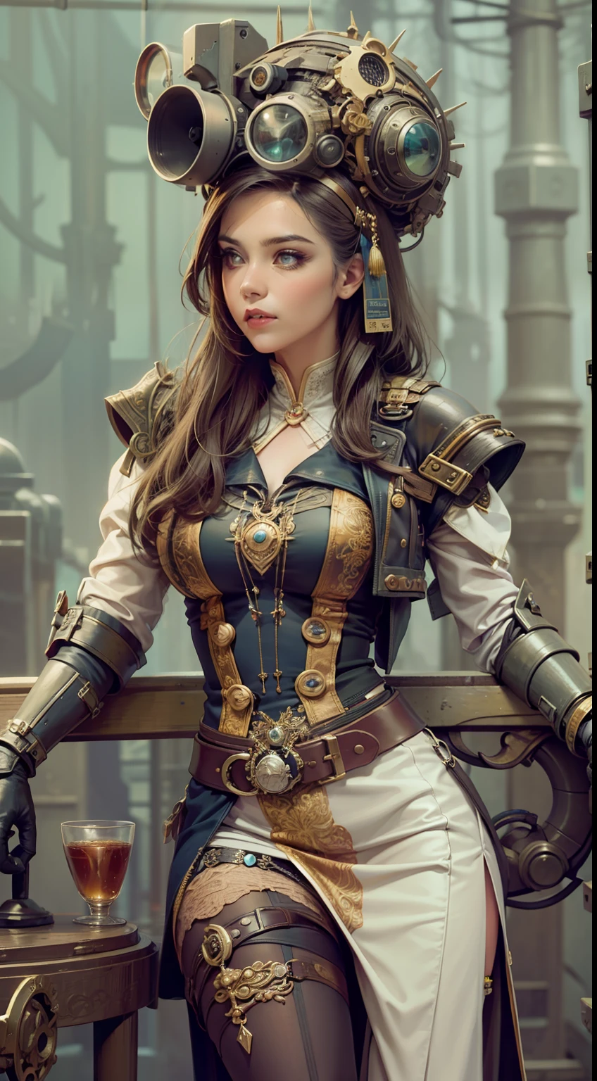 Beautiful woman in insanely intricate Retro-Futuristic Steampunk Outfit