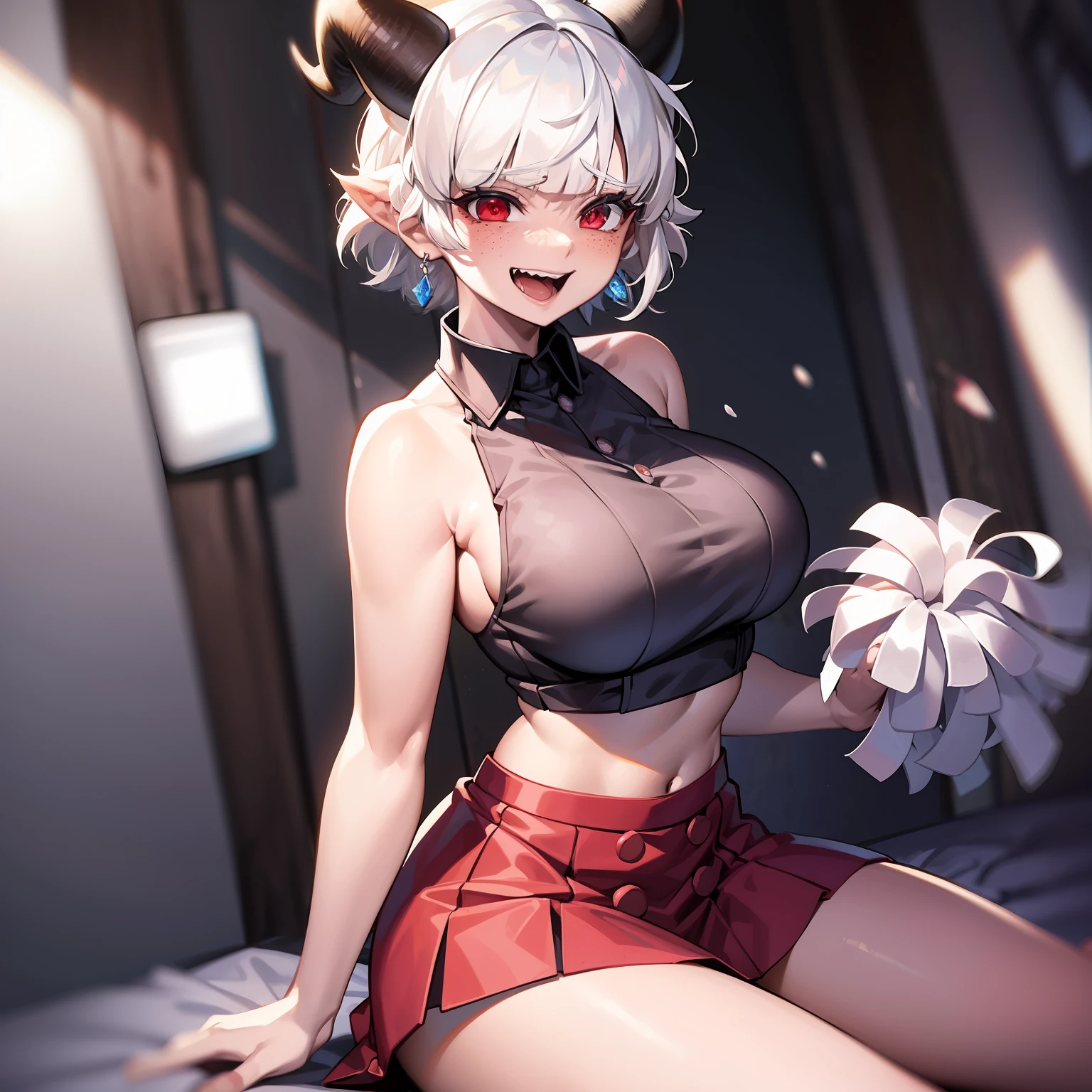 beelzebub(helltaker), freckles:0.7, 1girl, pom pom (cheerleading), large breasts, red eyes, looking at viewer, open mouth, demon horns, white hair, blue skirt, shirt, blush, smile, short hair, earrings, skirt, demon girl, sleeveless, holding, jewelry, horns, holding pom poms, white horns, solo, sitting, cheerleader