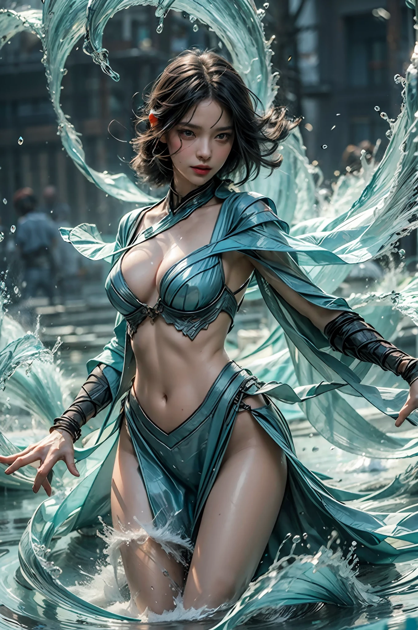 a beautiful demonic sorceress conjuring water casting a water spell,standing and looking at viewers, various water chains around her,(((detailed perfect face))),light smile, beautiful face, seductive body,tall body, mature body, BREAK water aura, water spear, water balls , water flow through her body, floating with a movement of her hand, blue transparent water splash dazzling around, water phoenix flying in the background, pure water on the ground just enough to cover her feet, water bender, floating water, water flows freely in the air,sexy body BREAK,Detailed,Realistic,4k highly detailed digital art,octane render, bioluminescent, BREAK 8K resolution concept art, realism,by Mappa studios,masterpiece,best quality,official art,illustration,ligne claire,(cool_color),perfect composition,absurdres, fantasy,focused