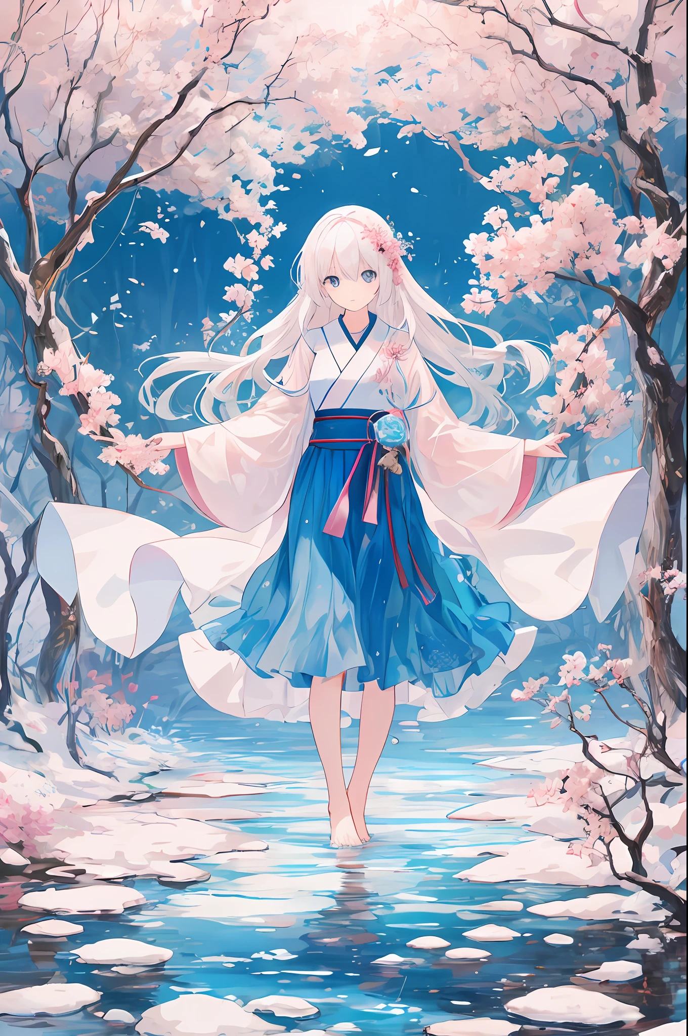 Long-haired girl in the forest,wears a long robe,Stand by the stream,had his hands folded，Make a decisive gesture,The clear mountain spring was controlled by the girl's mana and churned up and down,A huge water ball around the girl，Brightly colored flying fish leap out of the water,The nightingale in the trees was also frightened,The pink flowers of the branches fall in the wind,mistic、Amazing view、Stunning digital drawing