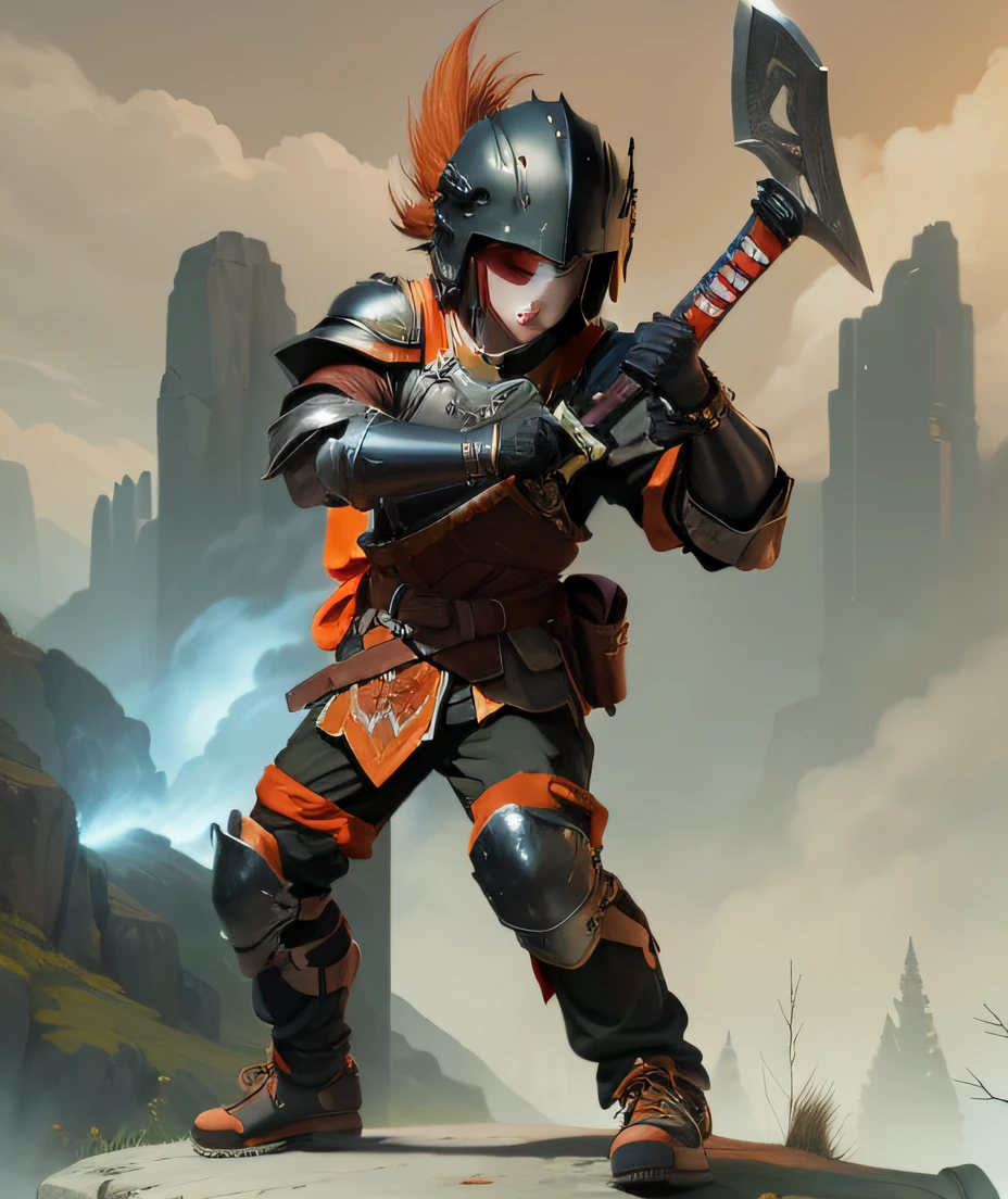 Boy, 25 years old, holding battle axe, attack stance, wearing helmet, sword strapped to waist, armor with orange details. Background black forest.