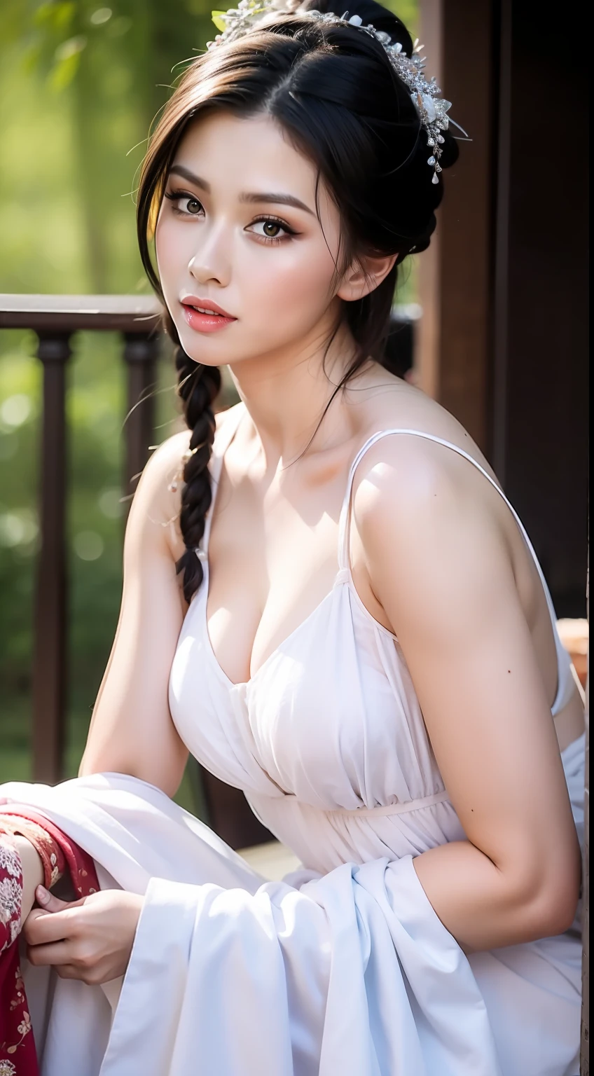 Fashion model 20 years old [[[[closeup cleavage]]]], [[[[boobgasm]]]], [[[[coll]]]], [[[[bshoulders]]]], perfect  eyes, Perfect iris，perfect lips，perfect teeth，Perfect skin，Long face，Soft front light，hdr，Movie girl，Casual，The background is between mountains and rivers，without a hat，（pastel colour：1.2）