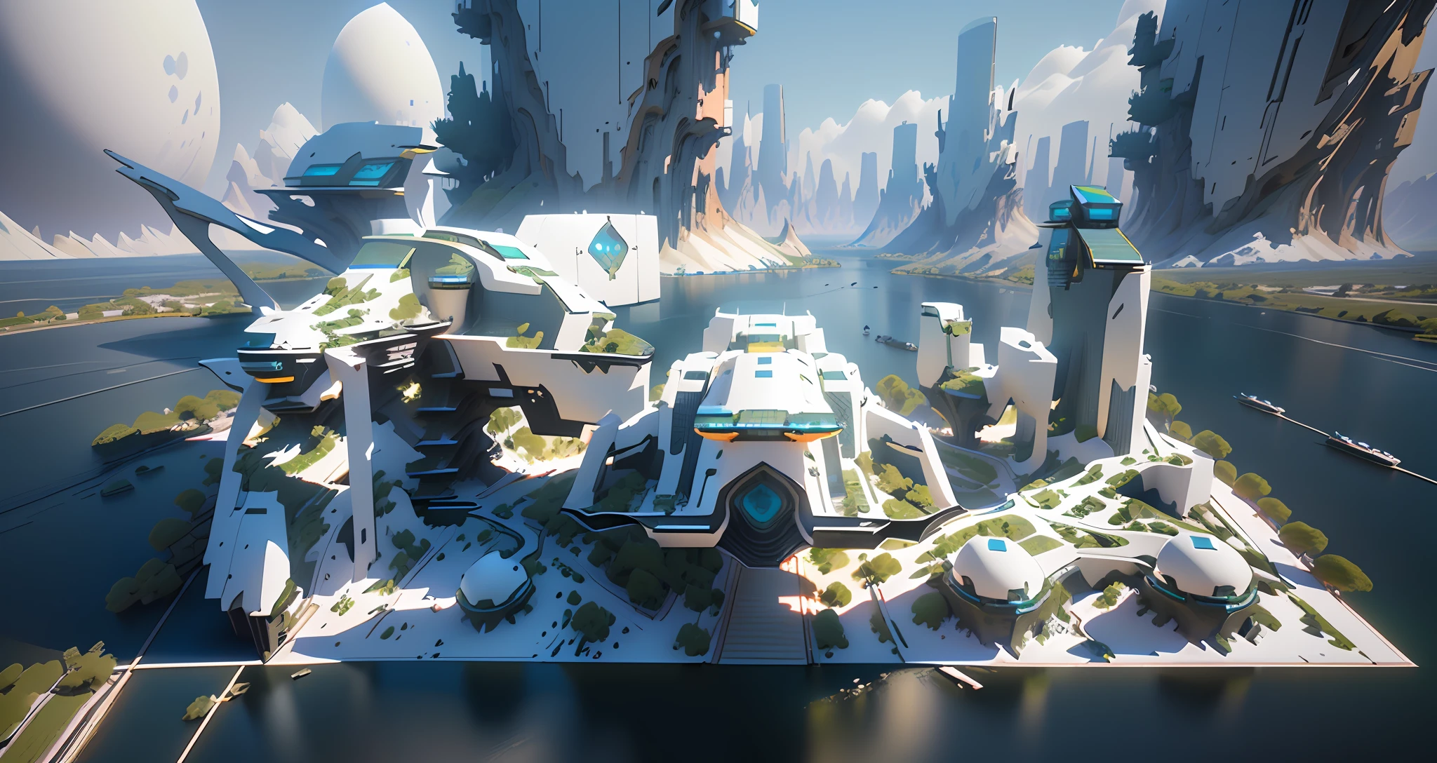 futuristic city with a futuristic robot and a futuristic city in the background, background of digital greebles, 3 d render of a scifi spaceport, raytraced 3d set design, highly detailed vfx scene, futuristic production facility, depicted as a 3 d render, futuristic scientific laboratory, future science fiction. game cg, hyper detailed 3d render, hyper detailed 3 d render