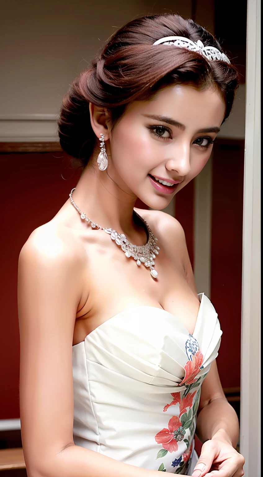 Fashion model 18 years old [[[[closeup cleavage]]]], [[[[boobgasm]]]], [[[[coll]]]], [[[[bshoulders]]]], perfect  eyes, Perfect iris，Perfect lips，perfect teeth，Perfect skin，Long face，Soft front light，hdr，Movie girl，long whitr hair，Long hair with a shawl，on cheongsam，The background is indoors，（pastel colour：1.2）