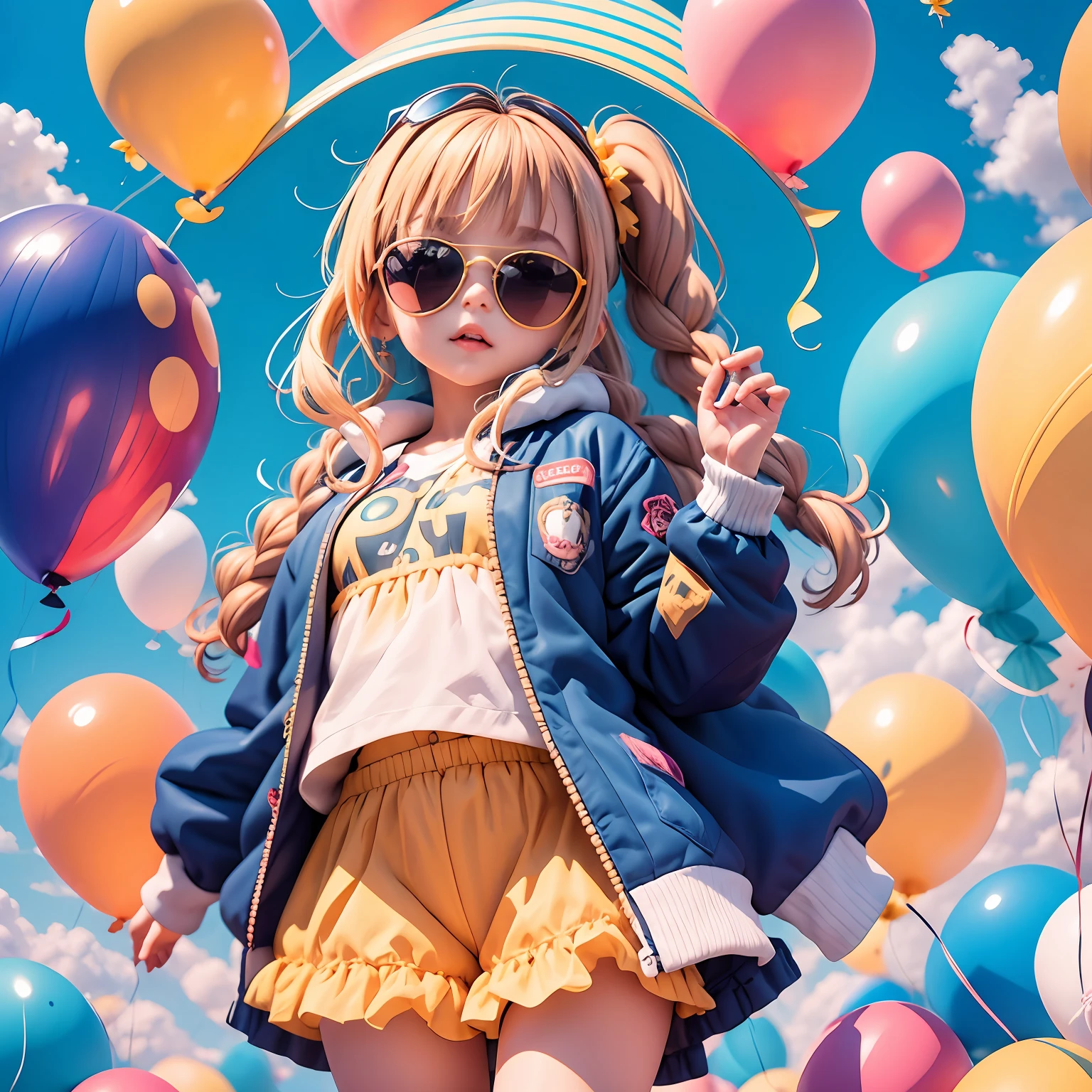 **** ******, bonita e fofa, wearing blue sunglasses, jaqueta amarela, moletom branco, lots of colorful balloons, babyface, estilo chibi, cabelo vermelho e azul de duas cores, braided hair ponytail, olhos de detalhe perfeito, rosto delicado, CG perfeito, qualidade de imagem HD, Colorful balloons, heaven, --auto --s2