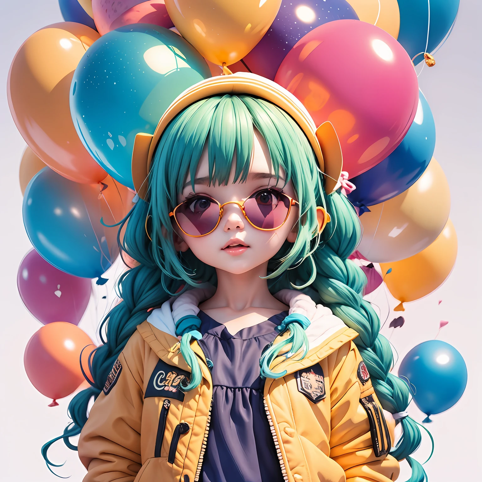 Loli menino, bonita e fofa, wearing blue sunglasses, jaqueta amarela, moletom branco, lots of colorful balloons, face, estilo chibi, cabelo vermelho e azul de duas cores, braided hair ponytail, olhos de detalhe perfeito, rosto delicado, CG perfeito, qualidade de imagem HD, Colorful balloons, heaven, --auto --s2