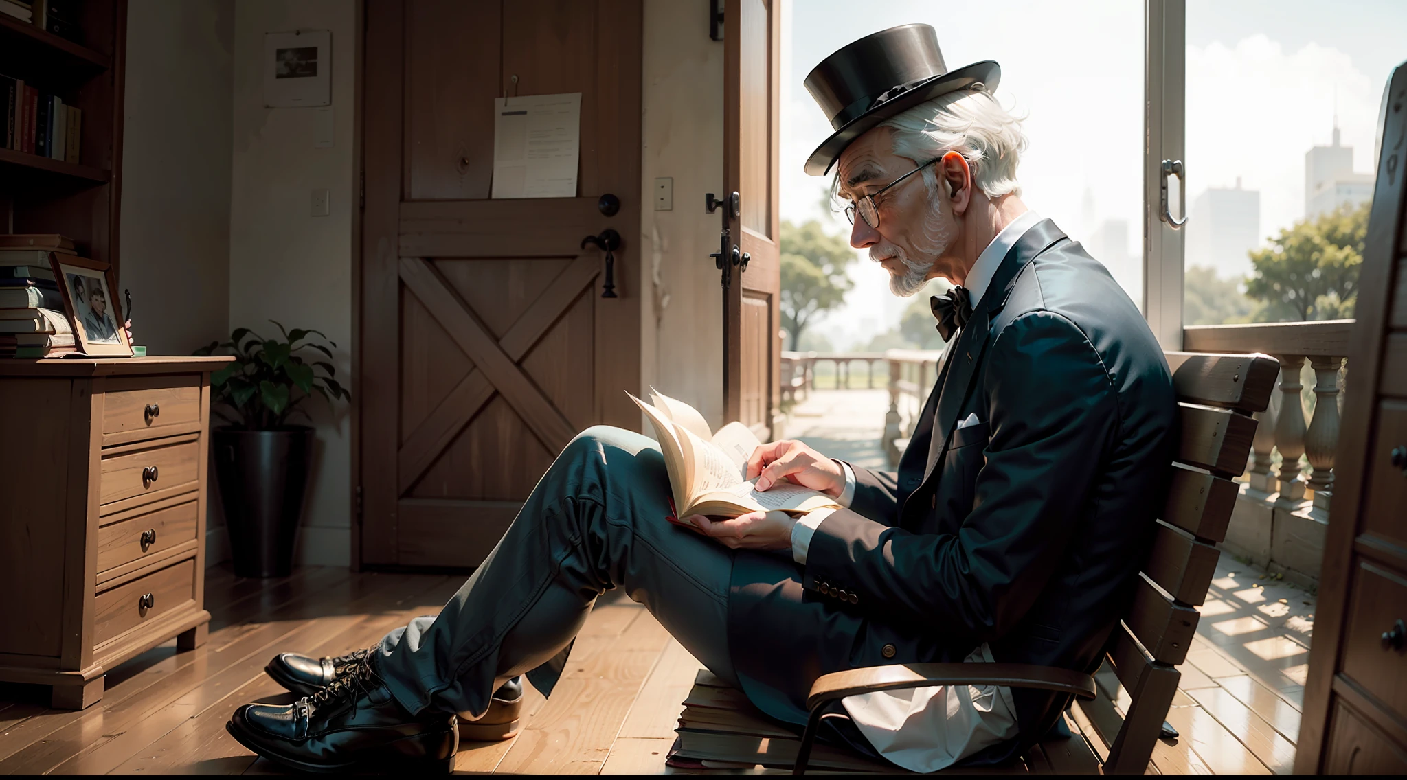 "On a melancholy afternoon, A lonely old man sits on an old wooden bench, em meio a um parque tranquilo. Enrugado e com cabelos brancos, seu olhar profundo transmite uma mistura de nostalgia e sabedoria acumulada ao longo dos anos. Enquanto o vento sopra suavemente, ele reflete sobre os caminhos que trilhou, The choices you've made and the memories that surround you. Vestido com um terno surrado, He wears a top hat on his head, A touch of elegance amid the simplicity of the moment. His trembling hands hold a dusty book, whose yellowed pages bear witness to a life well lived. A luz suave do fim de tarde ilumina seu rosto, revelando linhas marcantes e um sorriso discreto, which reveals the serenity found in the simple act of reflecting on the journey of existence."