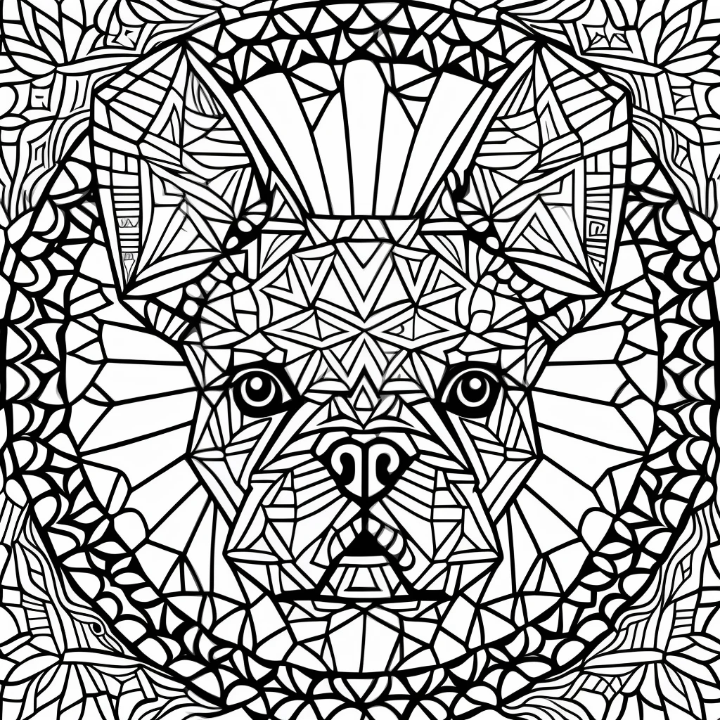 coloring book, connected lines, symmetry, french bulldog, facing front, black and white, mandala background, ink fine line art stylized, vector, design for tattoo, white and black mandala pattern, white background