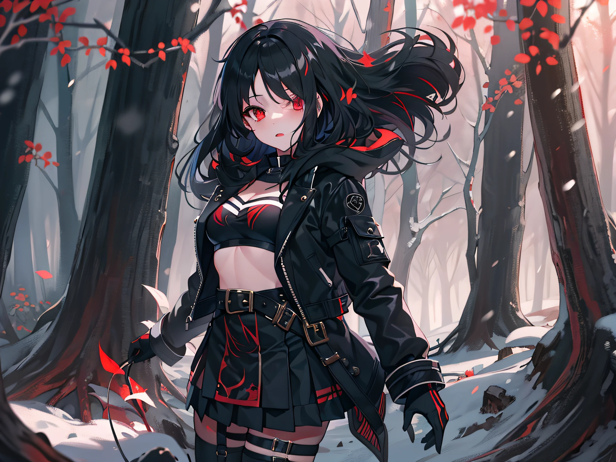 red color eyes, Black color hair, Black platform boots, short detailed hair, black thigh socks, hair on one eye, black black jacket, Black thigh strap, black sash,nigth,black short skirt,ln the forest,at winter season,teens girl