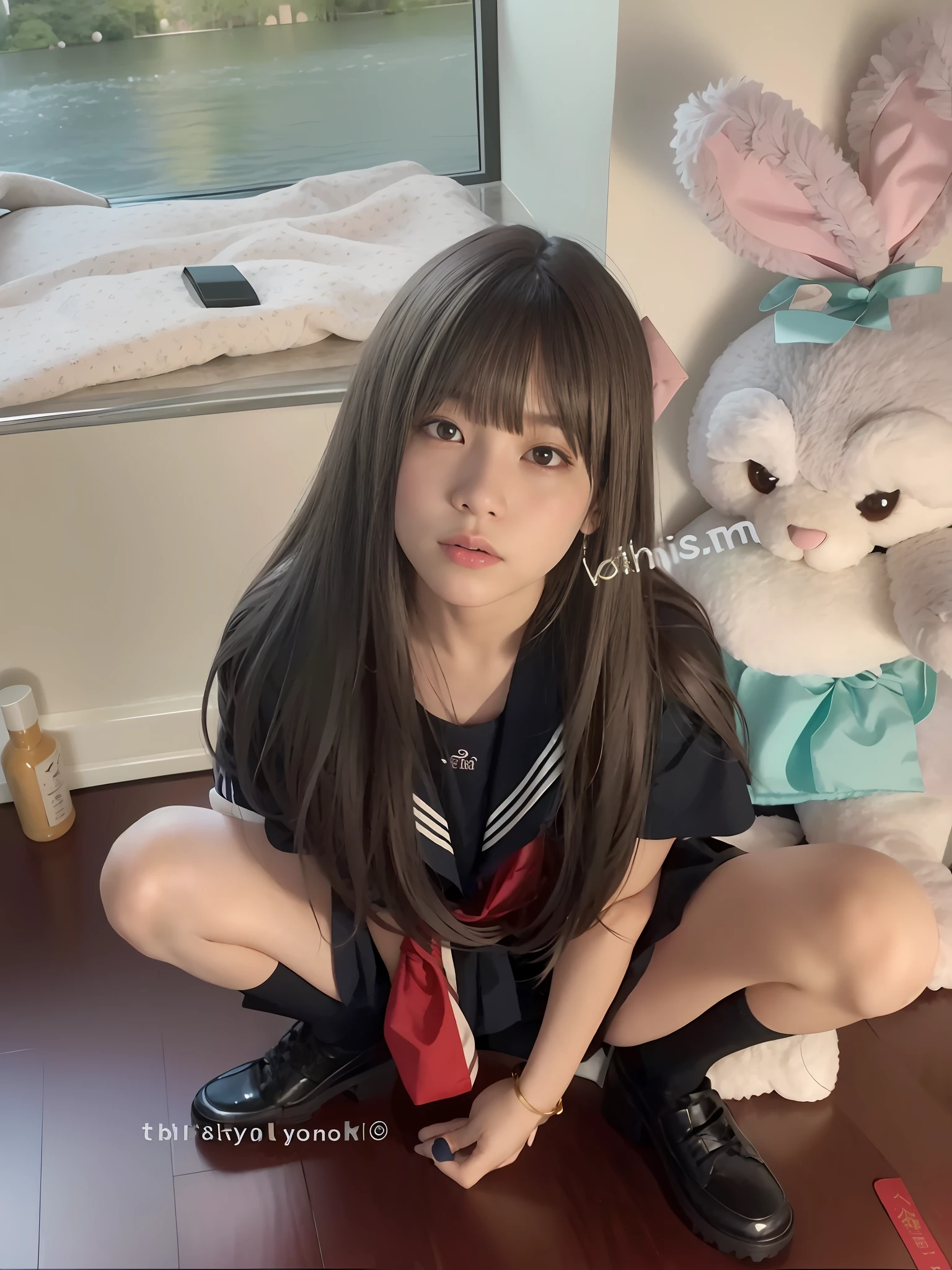 hime-cut, lalisa manobal, ulzzangs, long whitr hair，Thick bangs, sakimichan, black hime cut hair, japanese girl school uniform, She has black hair，By bangs, Long hair with bangs, chiho，The background is clean and simple