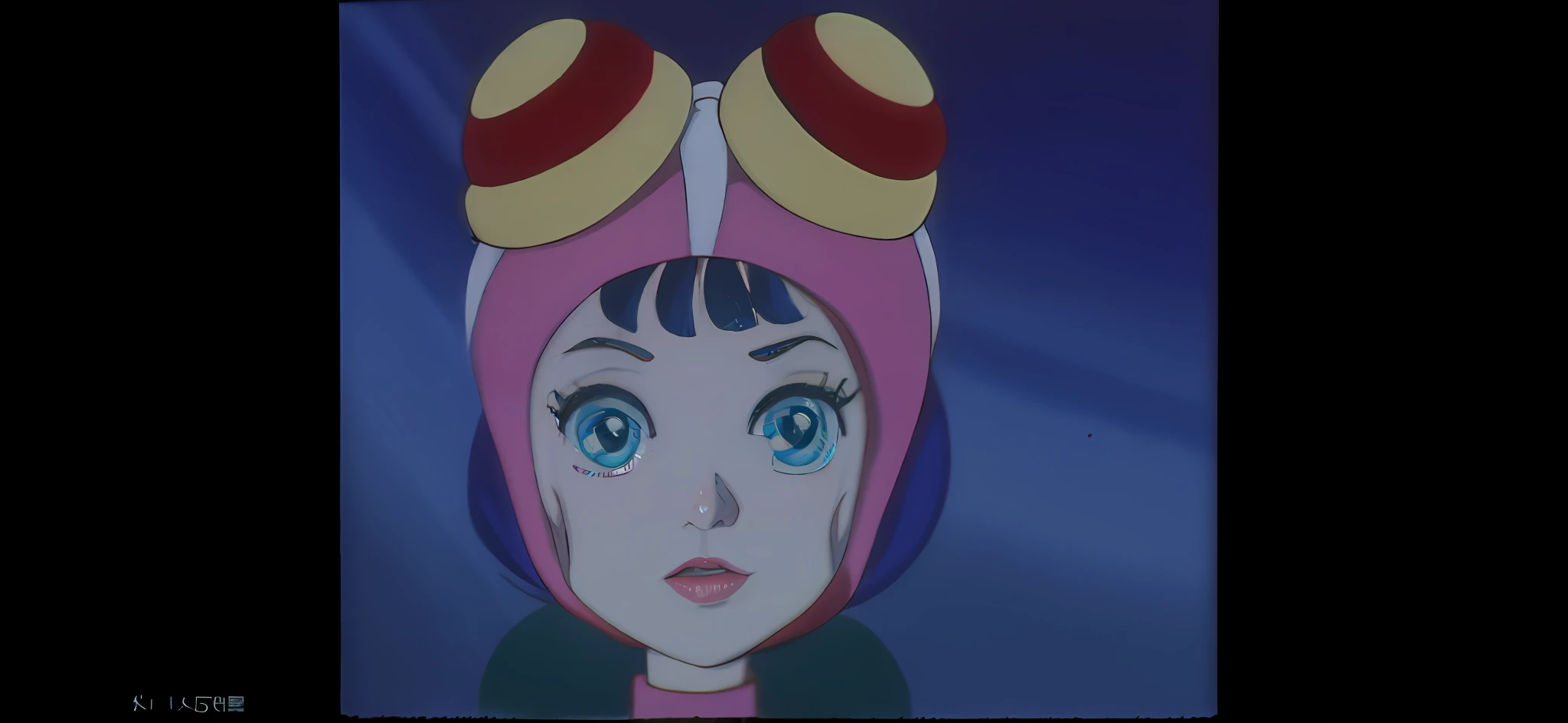 Close-up of a cartoon character wearing a pink hat and horns, 80s anime ova style, style of macross, screenshot from guro anime, author：Rumiko Takahashi, 1980's anime style, an retro anime image, anime screenshot, gainax anime style, gainax, anime movie screenshot, inspired by Rumiko Takahashi