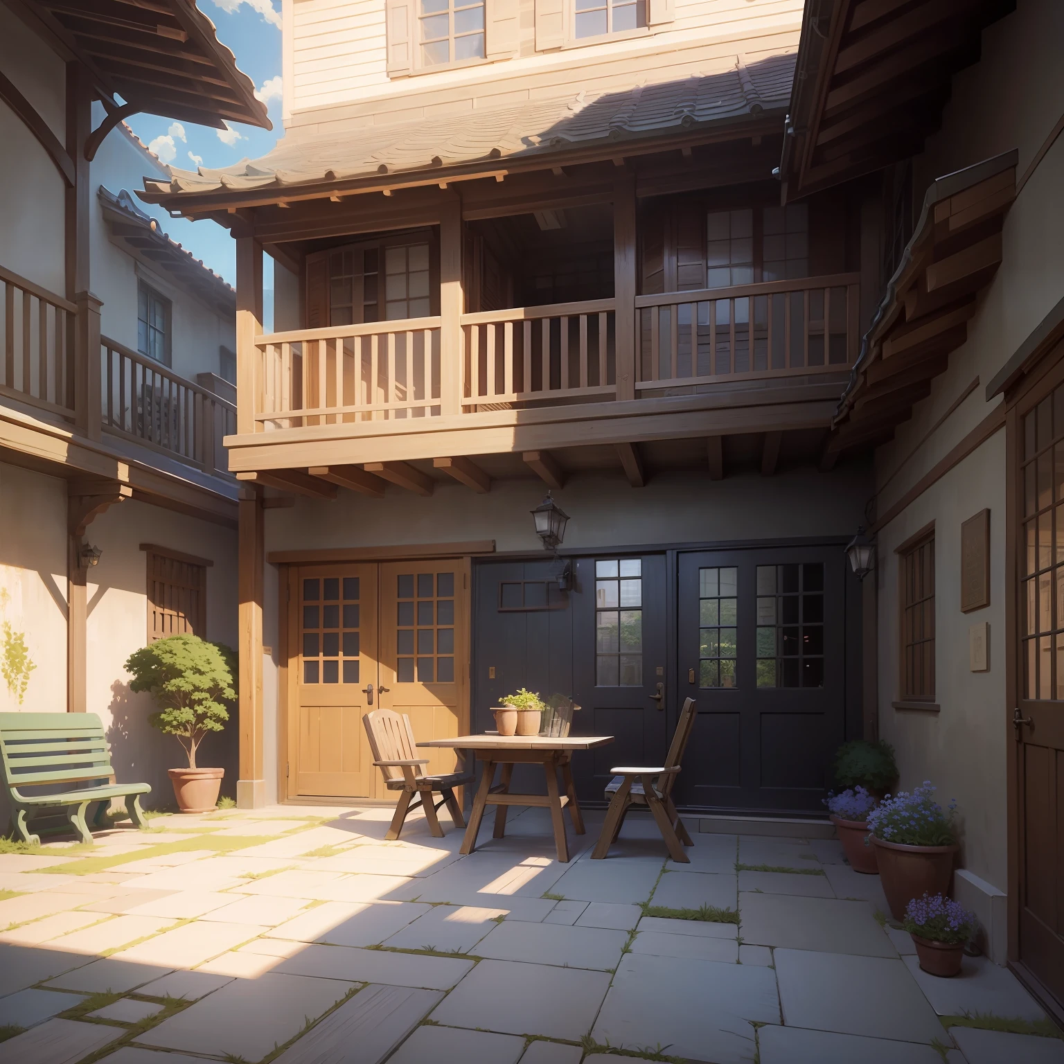 painting of a courtyard with a table and chairs and a bench, anime background art, relaxing concept art, anime scenery concept art, immensely detailed scene, a beautiful artwork illustration, detailed scenery —width 672, studio ghibli environment, highly detailed scene, environment design illustration, beautiful anime scene, ghibli studio style, anime scenery, detailed soft painting, environment painting