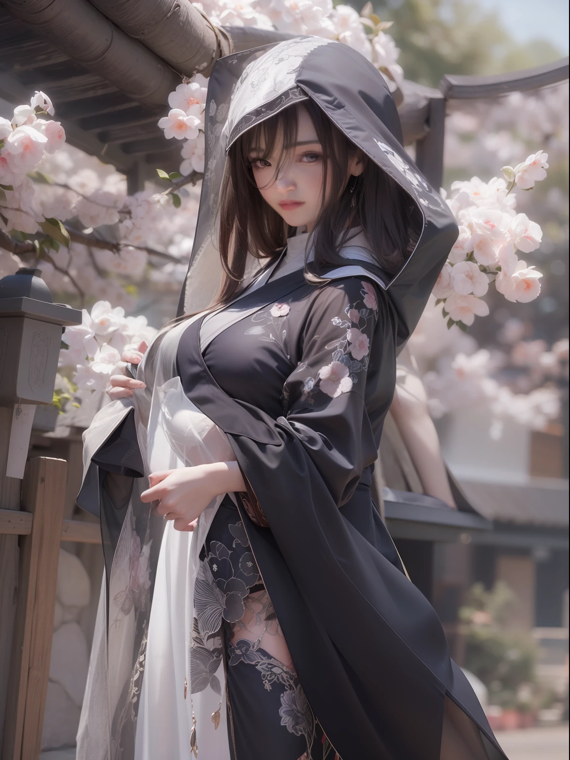 best quality, (Extremely detailed: 1.5), masterpiece, ultra high res,(photo realistic:1.4), 1 beautiful woman, black kimono, full body, (Nun;1.5), 40 years old,Dynamic Angle, Dynamic Sexy Pose, Wind, wearing a hood, (see through:1.3)