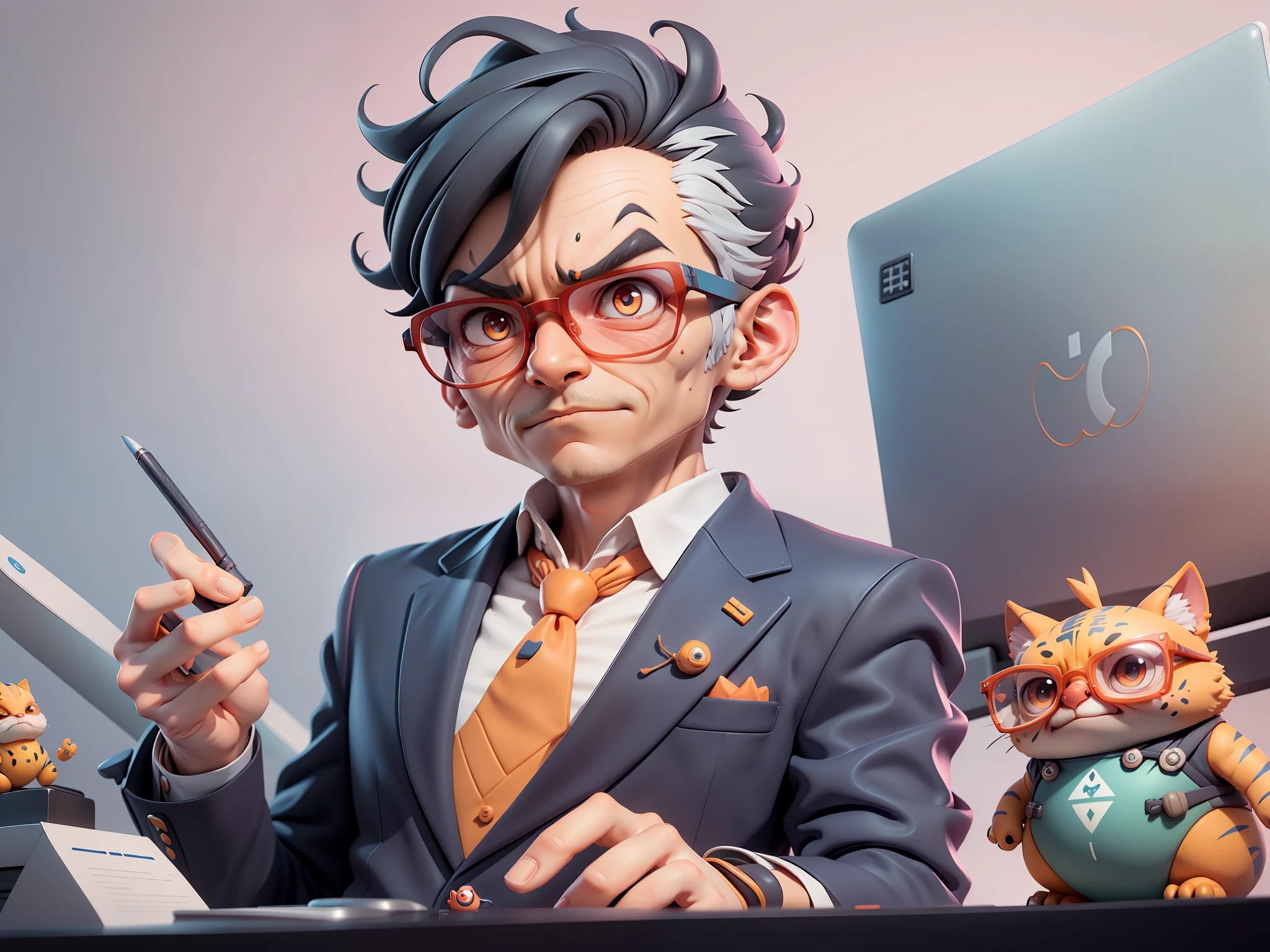 A young man in a suit, Short hair and glasses sat at his desk，holding laptop，digitial painting，tigre，3D character design by Mark Clairen and Pixar and Hayao Miyazaki and Akira Toriyama，4K HD illustration，Very detailed facial features and cartoon-style visuals。