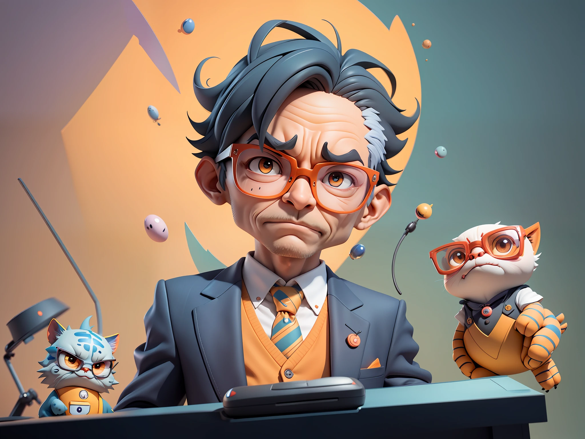 A young man in a suit, Short hair and glasses sat at his desk,holding laptop,digitial painting,tigre,3D character design by Mark Clairen and Pixar and Hayao Miyazaki and Akira Toriyama,4K HD illustration,Very detailed facial features and cartoon-style visuals。
