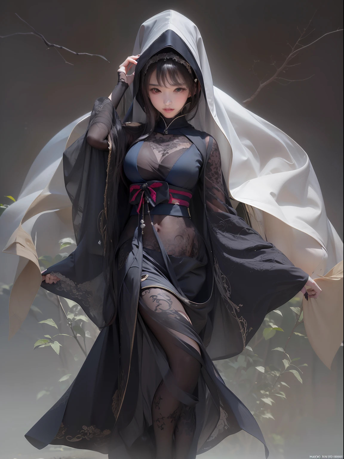 Best Quality, (Extremely detailed: 1.5), masutepiece, 超A high resolution,(photographrealistic:1.4), 1 beautiful woman, Black kimono, Full body, (nun;1.5), 40 years old,Dynamic Angle, Dynamic Sexy Pose, Wind, Wearing a hood, (see through:1.3)